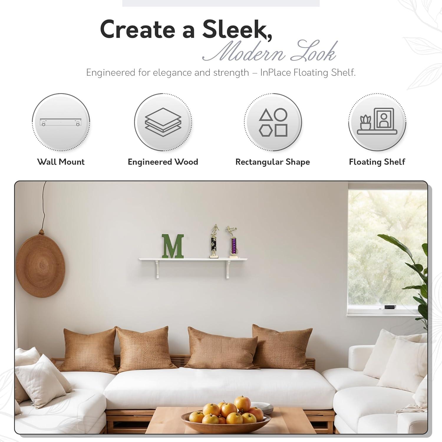 InPlace Shelves, 18Wx7Dx7H, Wood Cottage Bracket Floating Wall Mounted Display Shelf, White