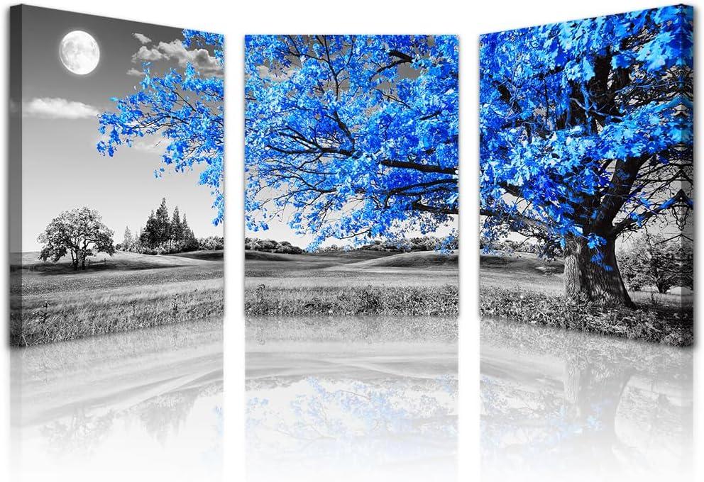 Blue Trees and Moon Landscape Canvas Print Set