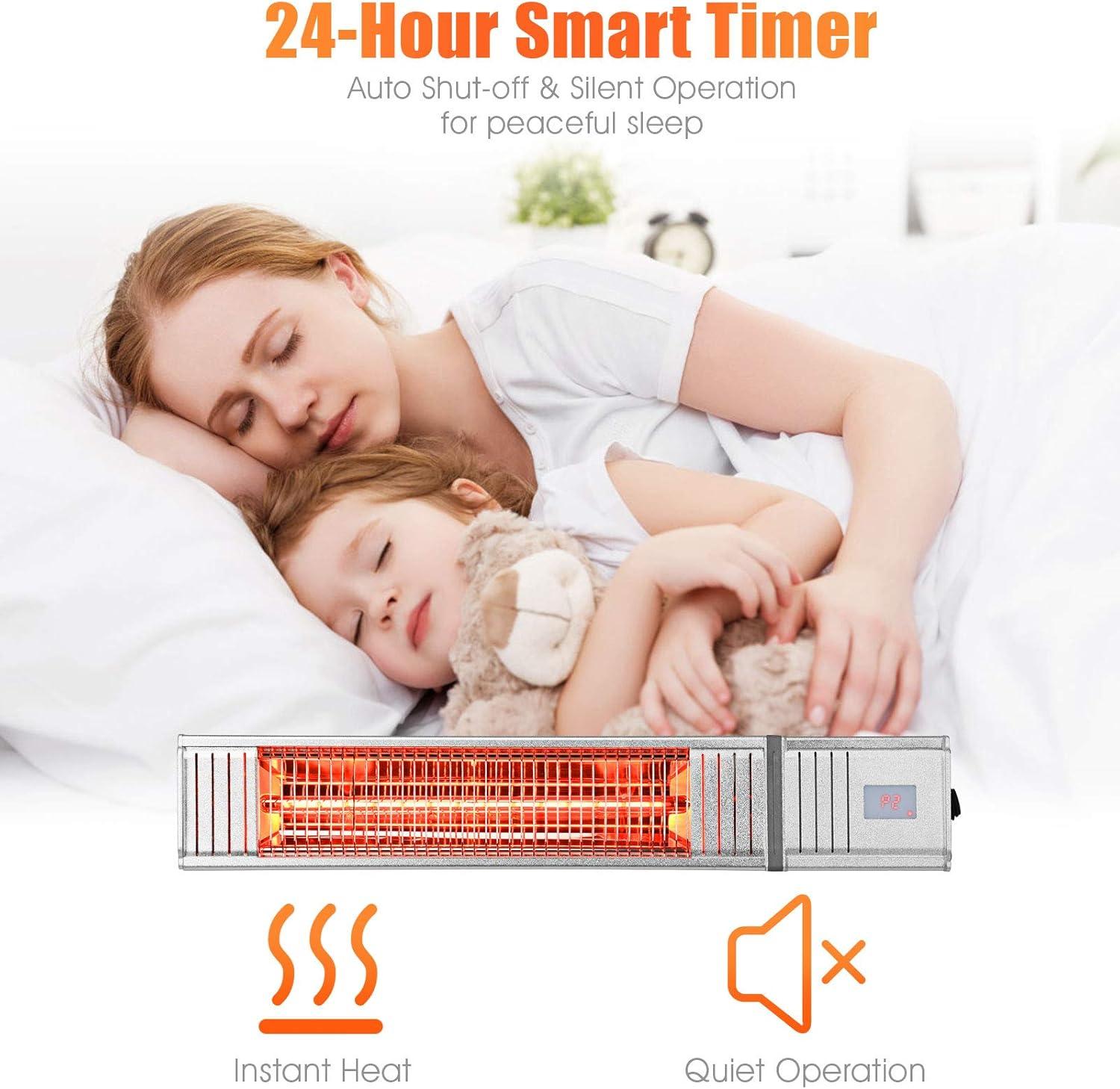 Costway Wall-Mounted Patio Heater 750W/1500W Infrared Heater with 9-Level Adjustable 24H Timer & Remote Control Silver