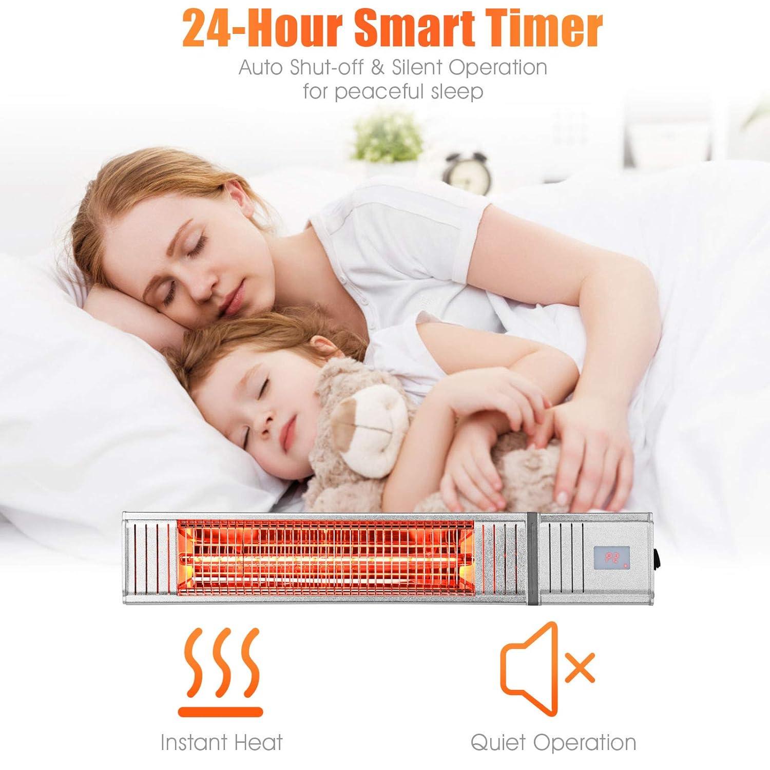 Costway Wall-Mounted Patio Heater 750W/1500W Infrared Heater with 9-Level Adjustable 24H Timer & Remote Control Silver