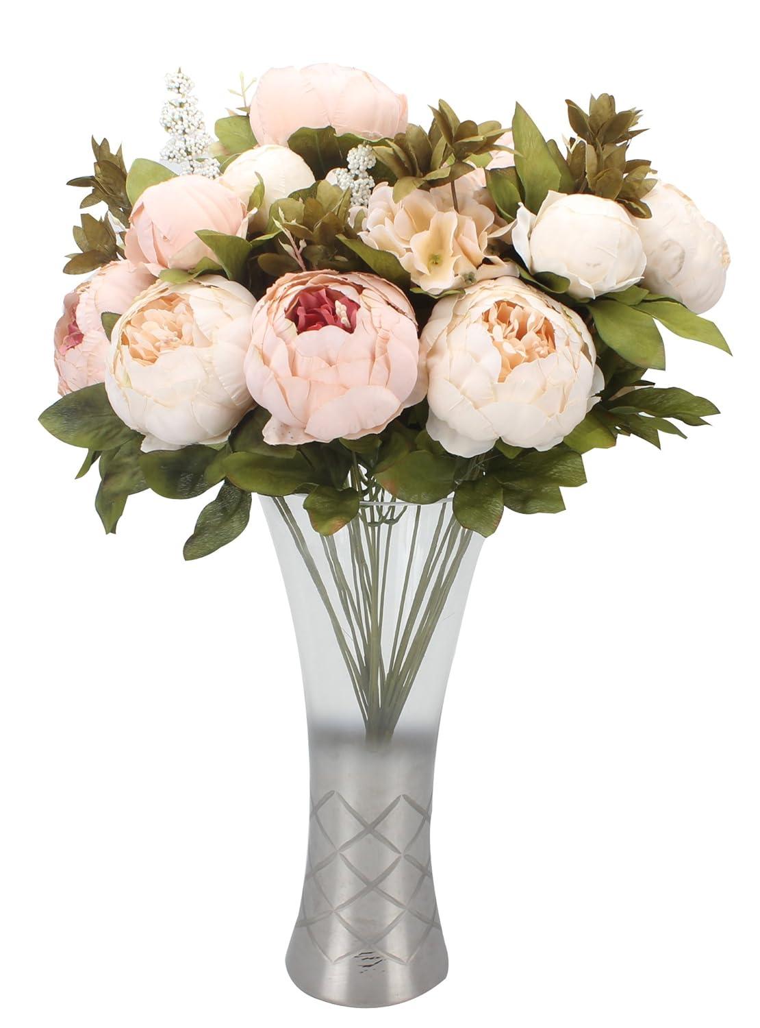 Light Pink Silk Peony and Rose Artificial Floral Arrangement with Lights