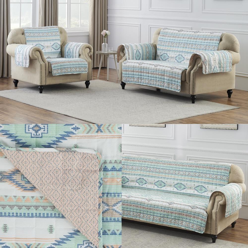 Reversible Phoenix Sofa Furniture Protector Slipcover Turquoise - Greenland Home Fashions: Pet-Friendly, Machine Washable