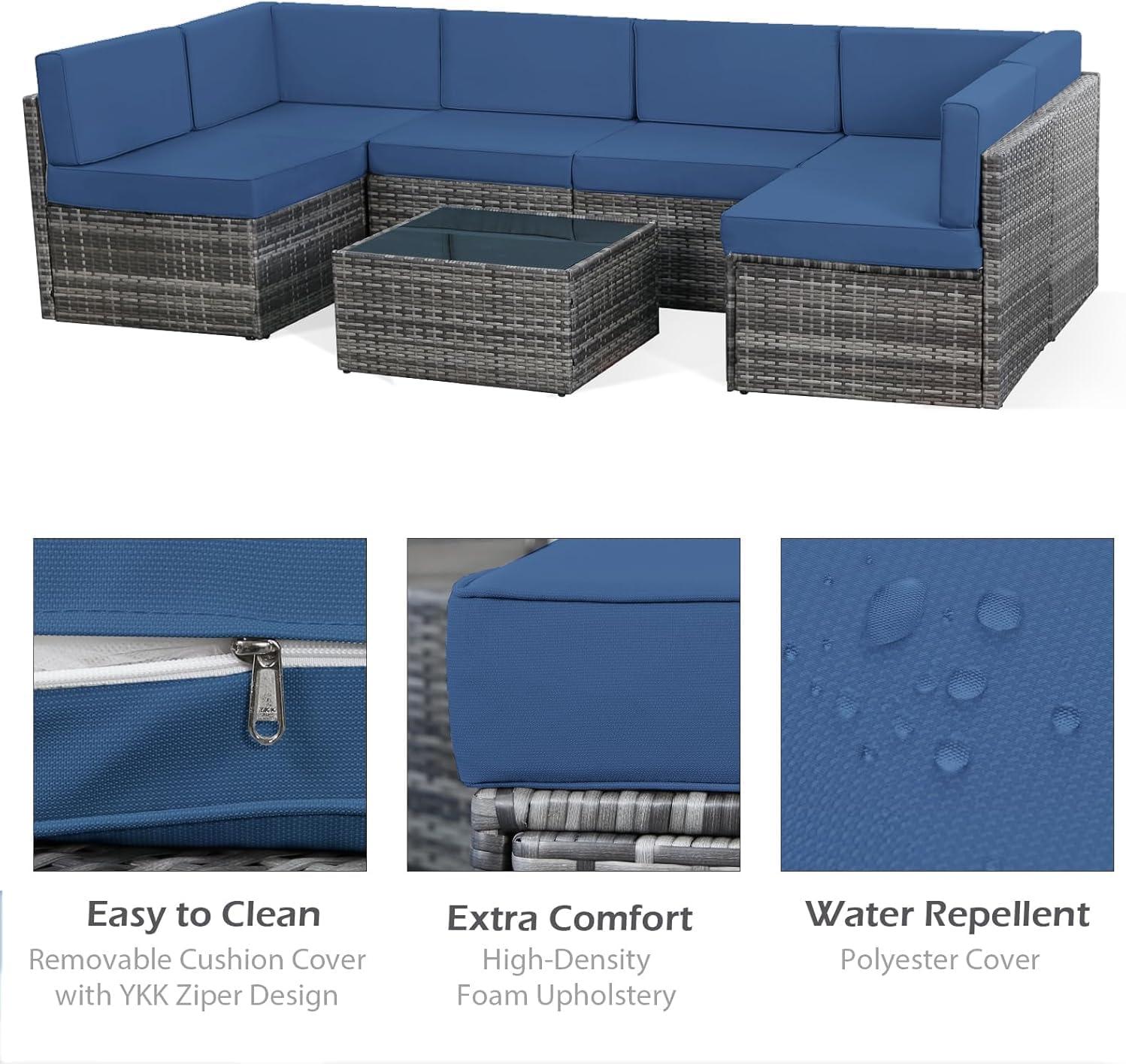U-MAX 7 Piece Outdoor Patio Furniture Set, PE Rattan Outdoor Wicker Sectional Furniture Chair Set with Cushions and Tea Table, Grey Rattan and Navy Cushion