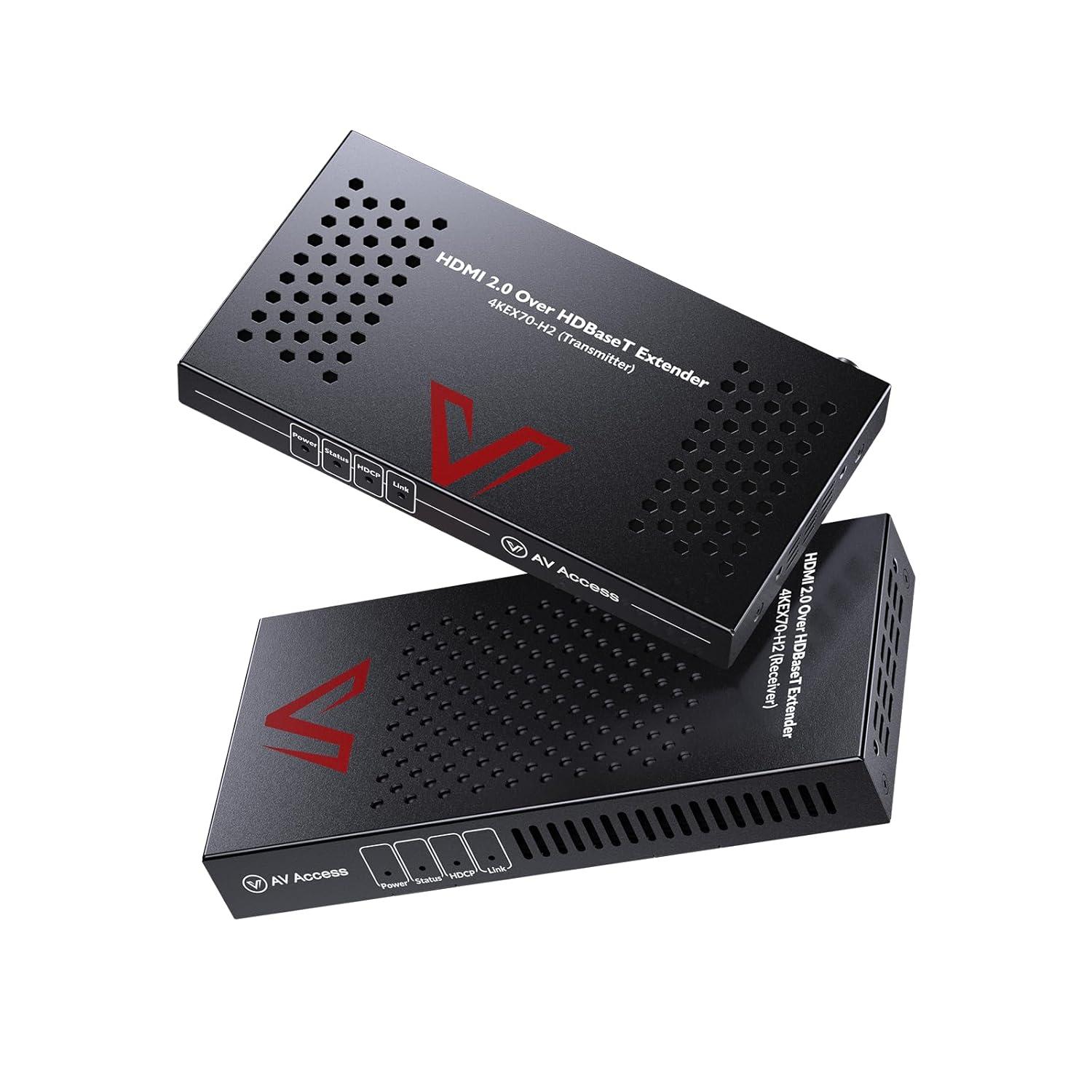 AV Access HDBaseT 4K HDMI Extender Over Cat5e/6/6a/7 4K@60Hz 130ft, 1080P@60Hz 230ft, HDR10+, HDMI 2.0 YUV4:4:4, UltraHD, HDCP 2.2, 18Gbps, Plug & Play, IR Return & PoE, Smart EDID(4KEX70-H2)