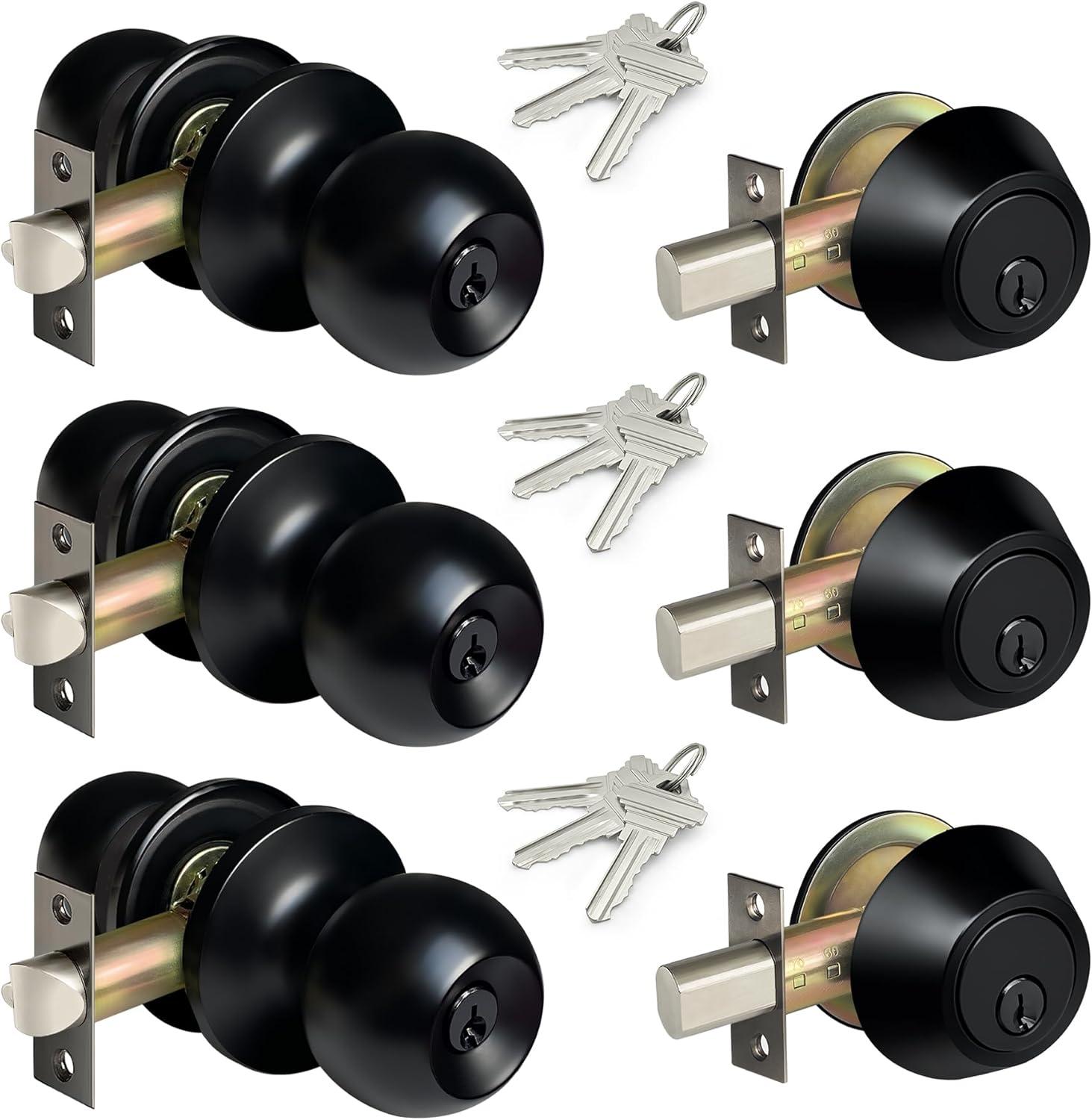 3 Pack Keyed Alike Entry Door Knobs and Single Cylinder Deadbolt Lock Combo Set Security for Entrance and Front Door with Classic Matte Black Finish