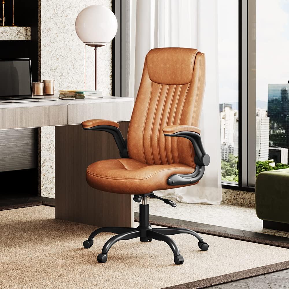 DEVAISE Executive Chair Computer Office Chair, High Back Ergonomic Desk Chair with Adjustable Flip-up Armrests, Lumbar Support and Thick Headrest, Brown