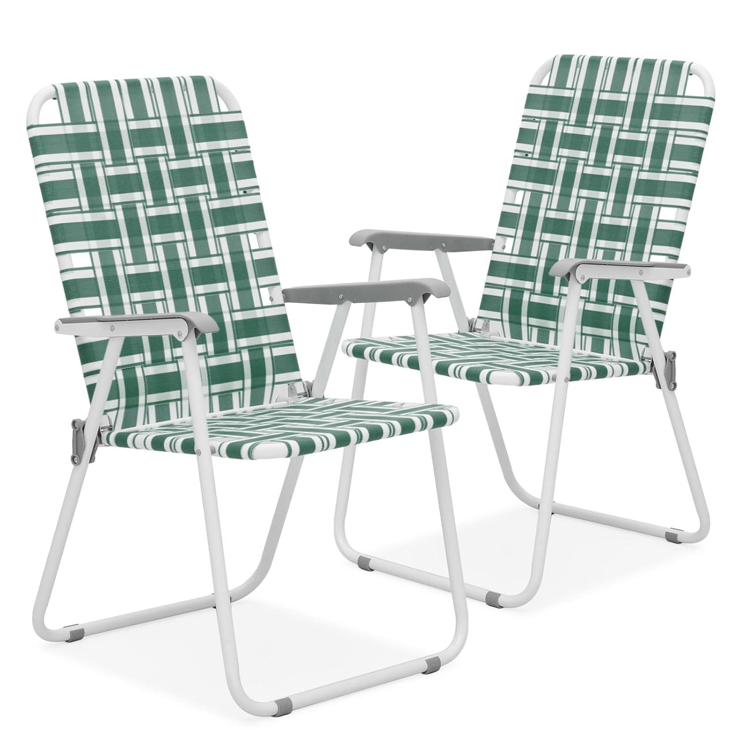 MoNiBloom Folding Webbed Beach Chairs Set of 2, Portable Camping Woven Seats with Armrests, for Outdoor Patio Lawn, Dark Green