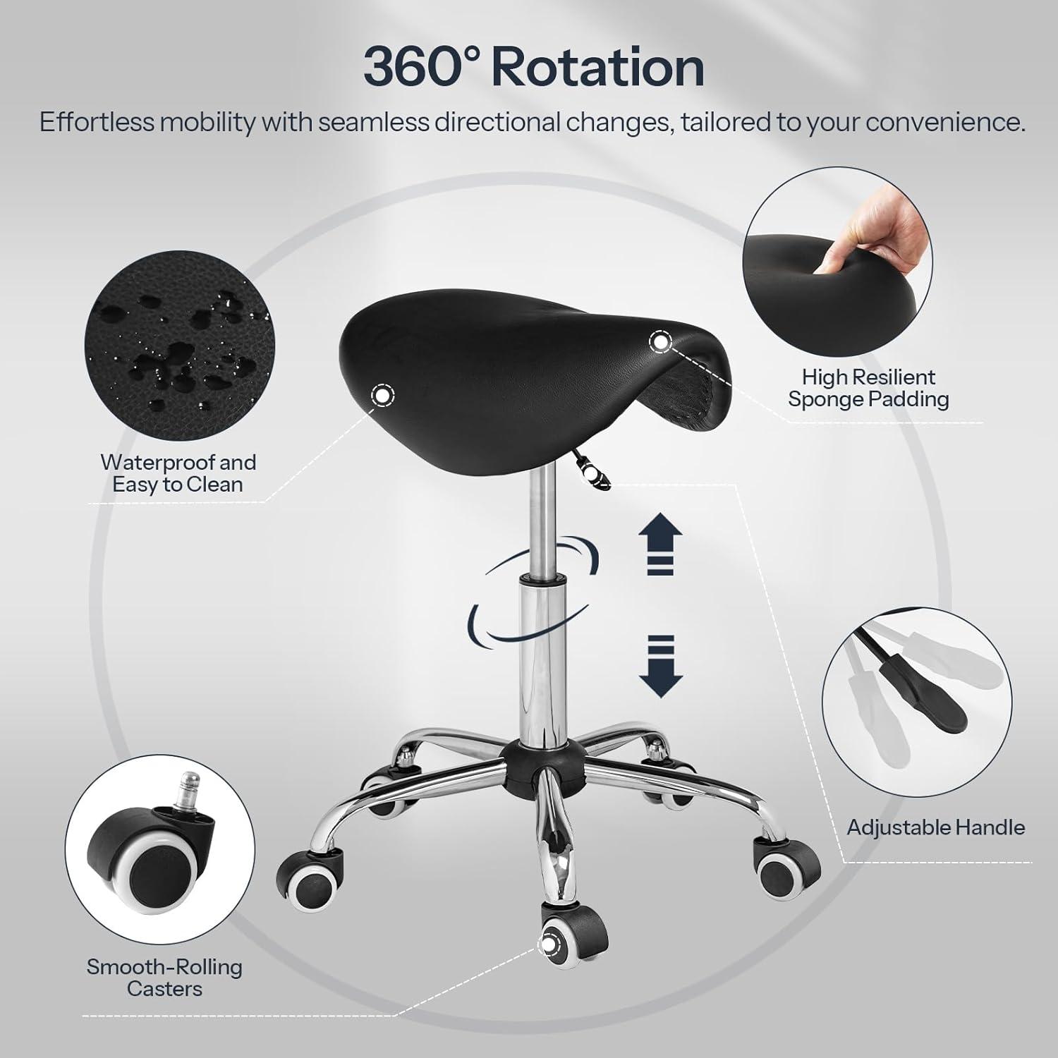 Adjustable Rolling Saddle Stool PU Leather Rolling Stool Salon Chair with Wheels Black