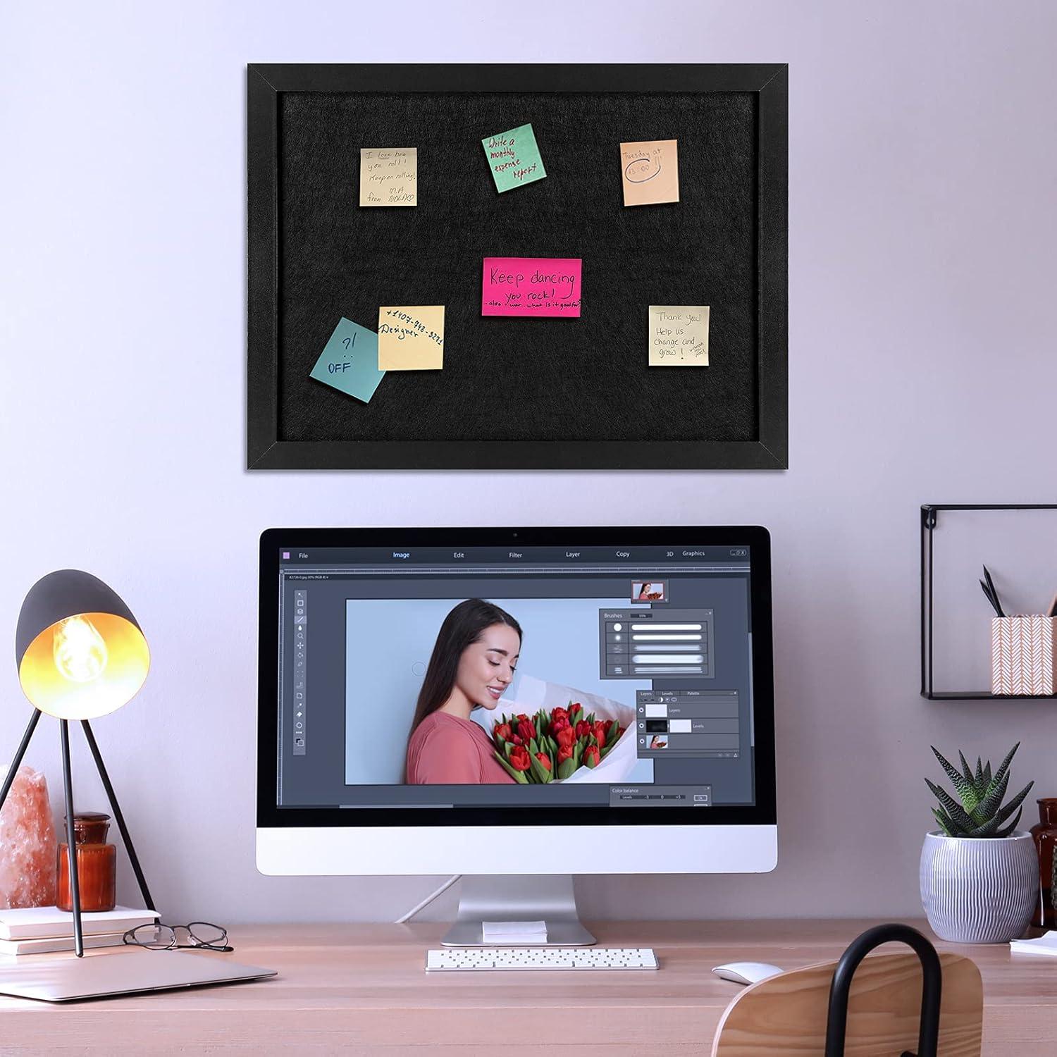 TORASO Cork Board Bulletin Board with Felt,Wood Framed Display Bulletin Board for Walls with Pins, Eye Bolts, gaskets, Screws, Pin Board for Office, School and Home(Black,1pc)