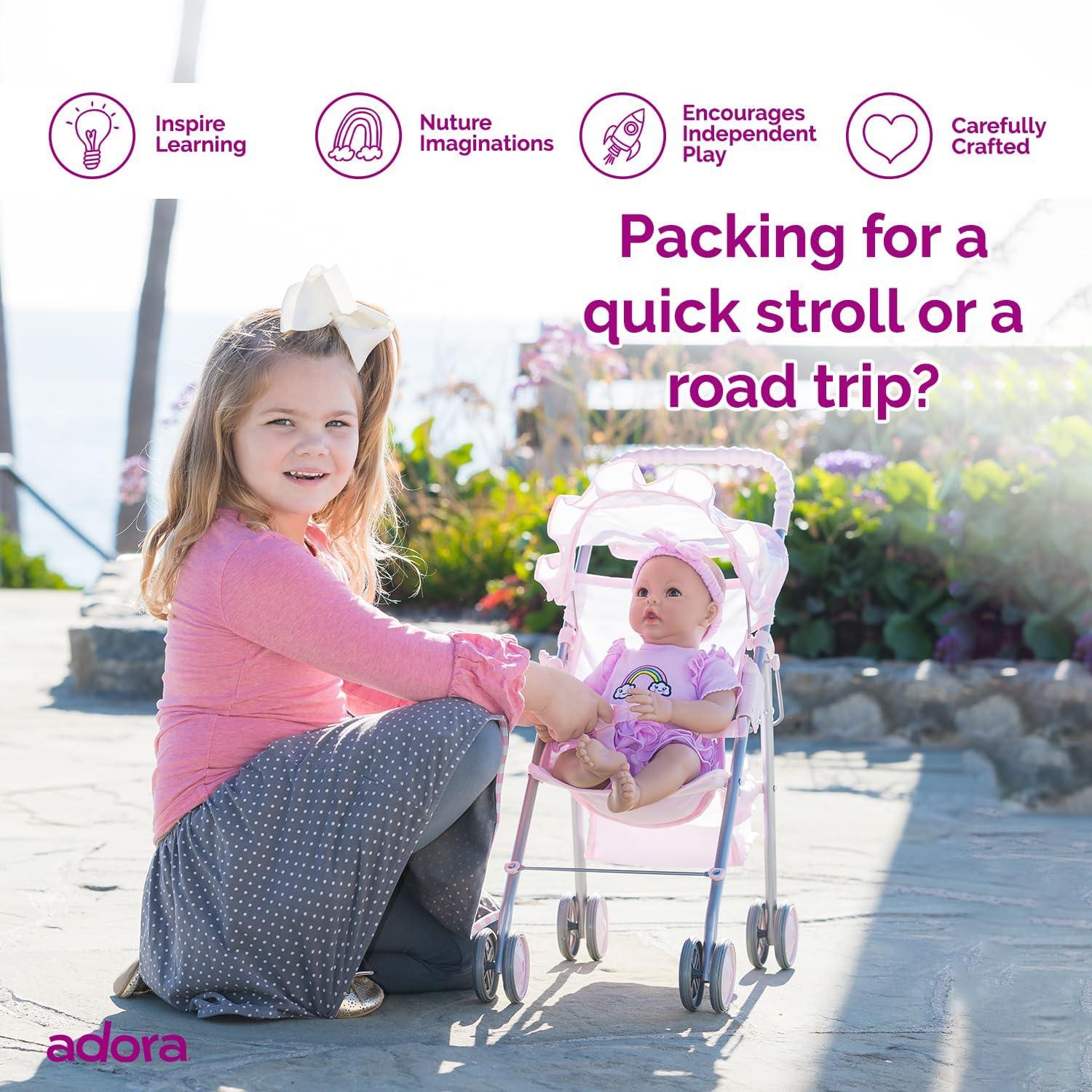 Adora Pastel Pink Heart Baby Doll Stroller with Umbrella Shade & Ruffle Trim