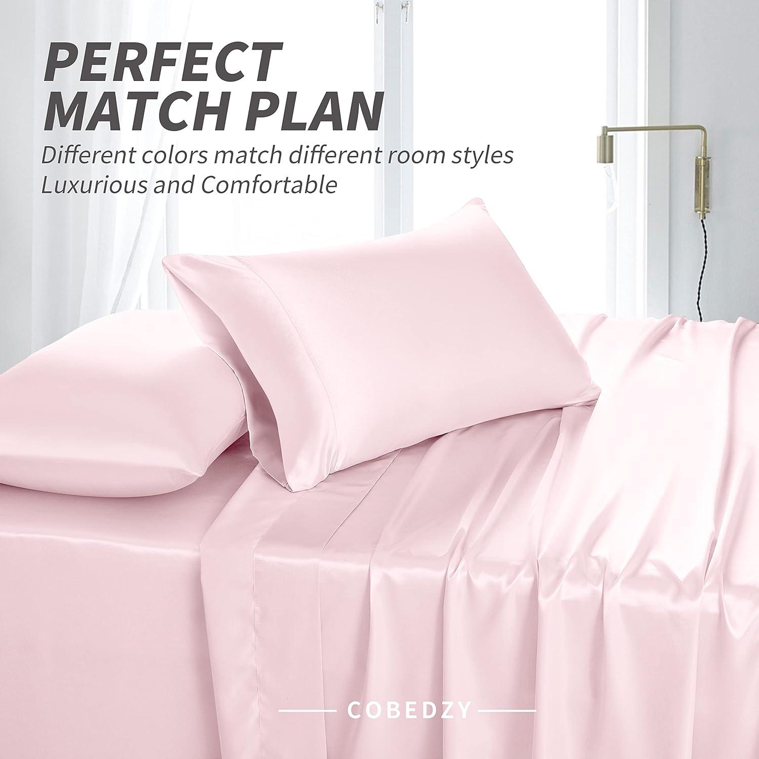 ANMINY Satin Sheets Twin Silk Sheets Bean Paste Color Bed Sheet Set Deep Pocket Bed Flat Fitted Sheet, 3-Pieces