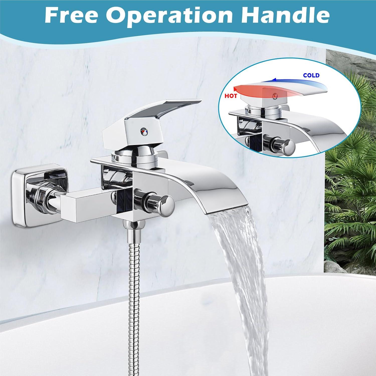 Midanya Wall Mount Bathtub Faucet with Handheld Spray Waterfall Tub Filler Single Handle Bathroom Tub Mixer Tap Hand-Shower System with Curved Spout Commercial,Brushed Nickel