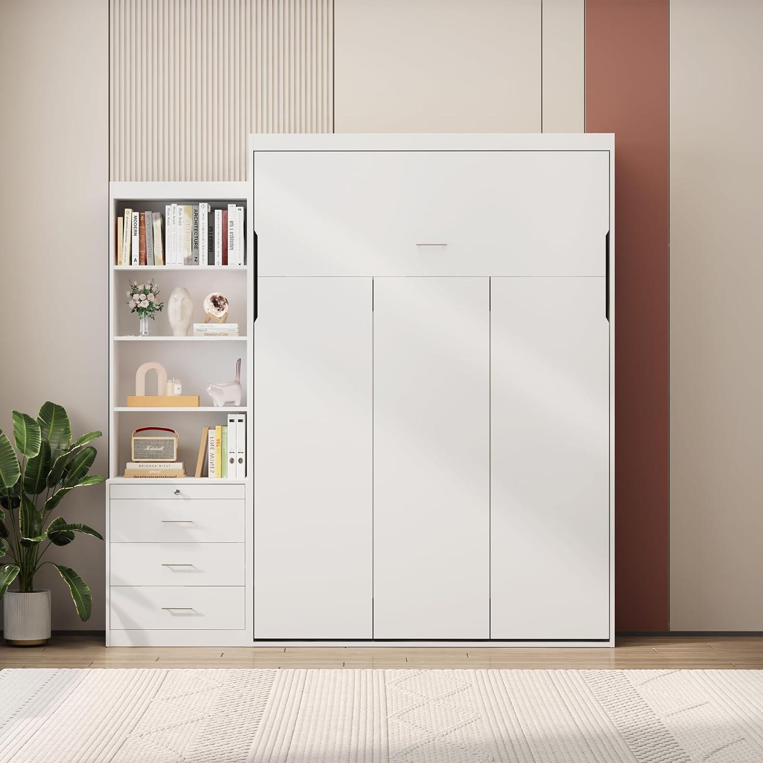 Bellemave Modern Full Size Murphy Bed with Storage Shelf and Drawers for Bedroom or Guestroom,Murphy Chest Bed Space-Saving Folding White Wall Bed with New Style,White