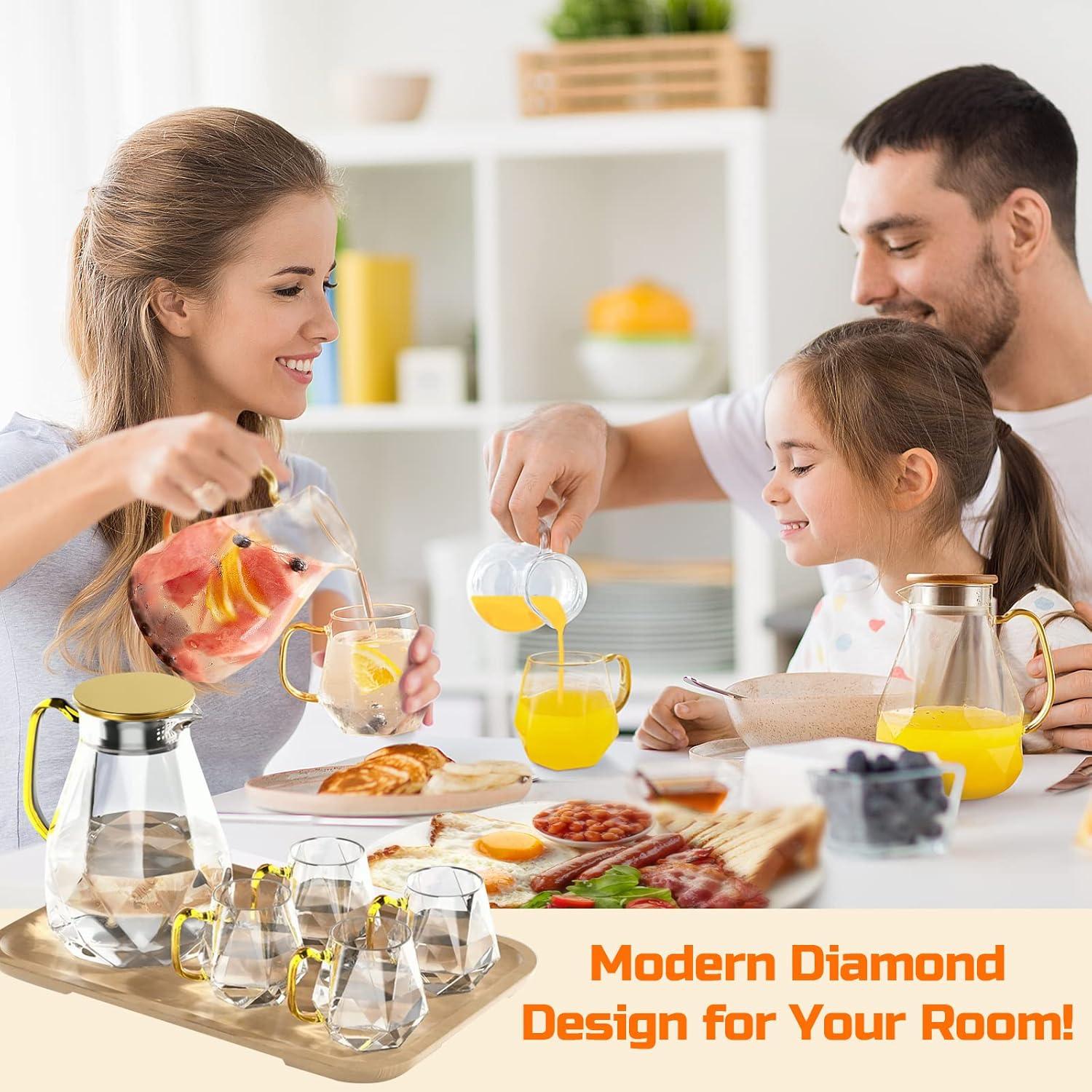 DUJUST Glass Pitcher Set (68 oz) with 4 Cups & 1 Tray, Elegant Diamond Design Water Pitcher with Handle, Durable Glass Jug for Fridge, Glass Carafe for Iced Tea/Juice/Beverage/Coffee/Drinks