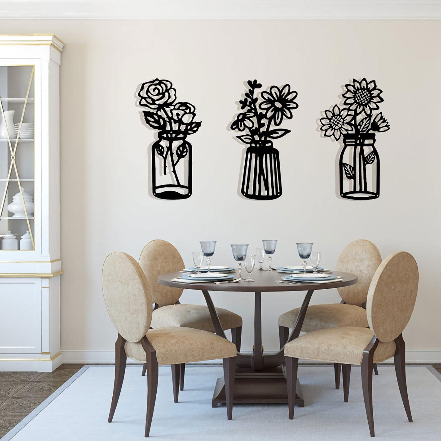 3 Pieces Black Metal Flowers Wall Decor Vase Art Sculptures Hanging for Indoor Kitchen Bathroom Dining Room Patio, 14.56x7.48 Inches