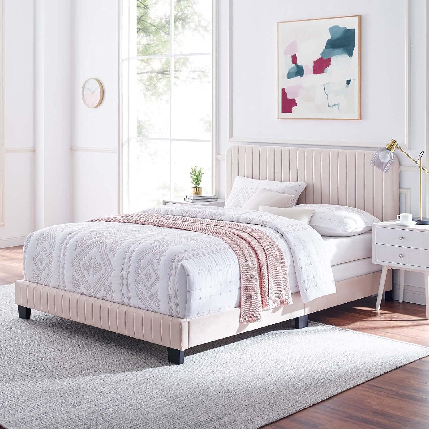 Modway Celine Channel Tufted Performance Velvet King Bed in Pink