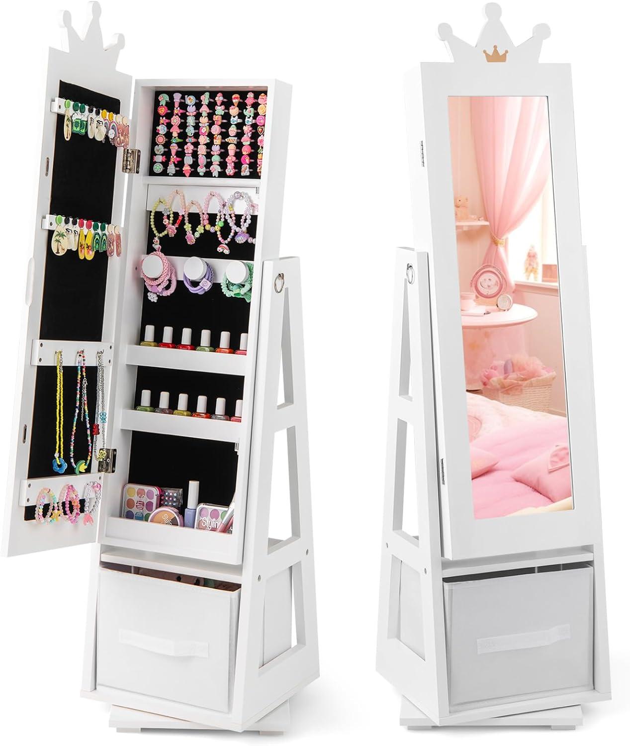 Tangkula Kids Jewelry Cabinet with Full-Length Mirror Drawer 2 Adjustable Tilt Angles White