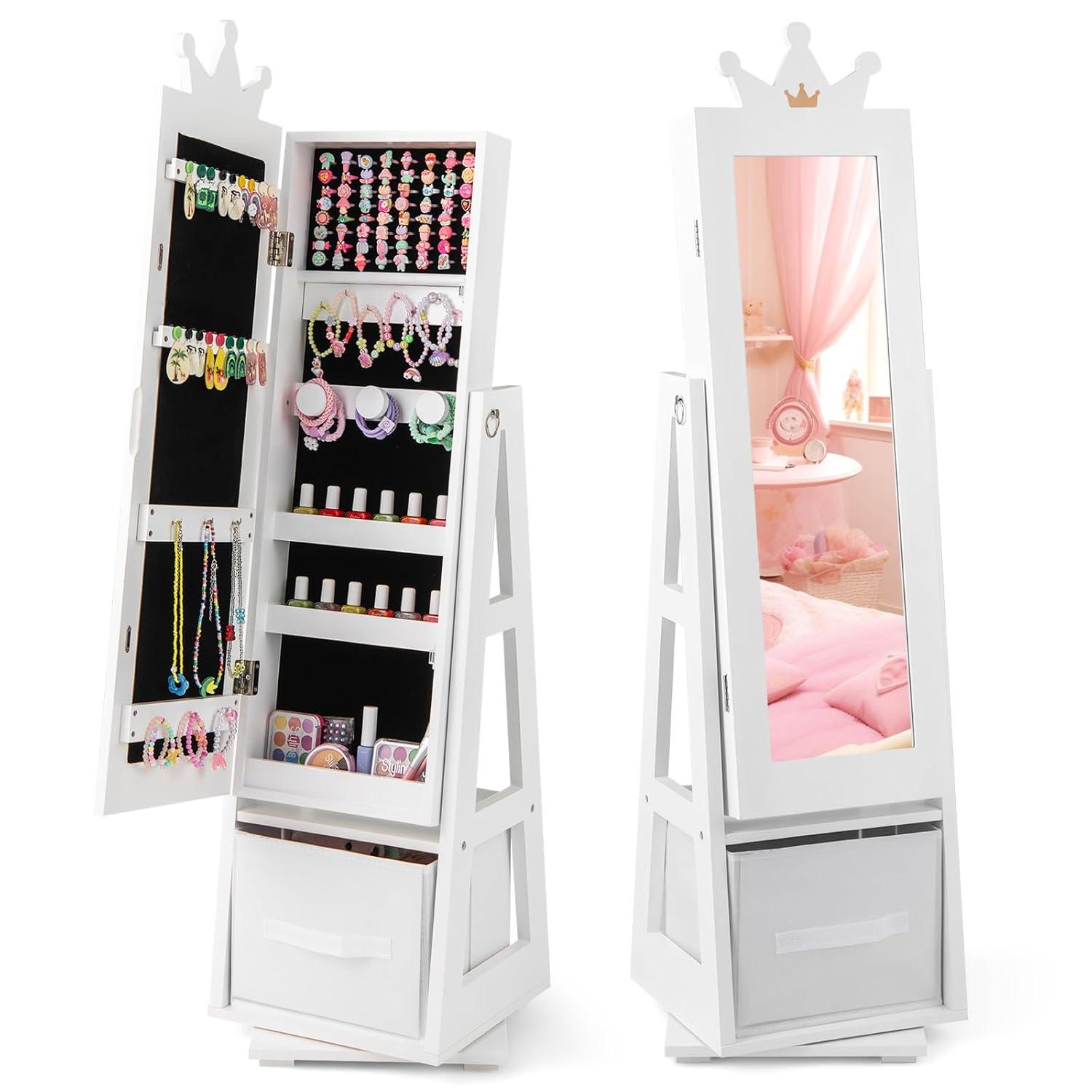 Tangkula Kids Jewelry Cabinet with Full-Length Mirror Drawer 2 Adjustable Tilt Angles White