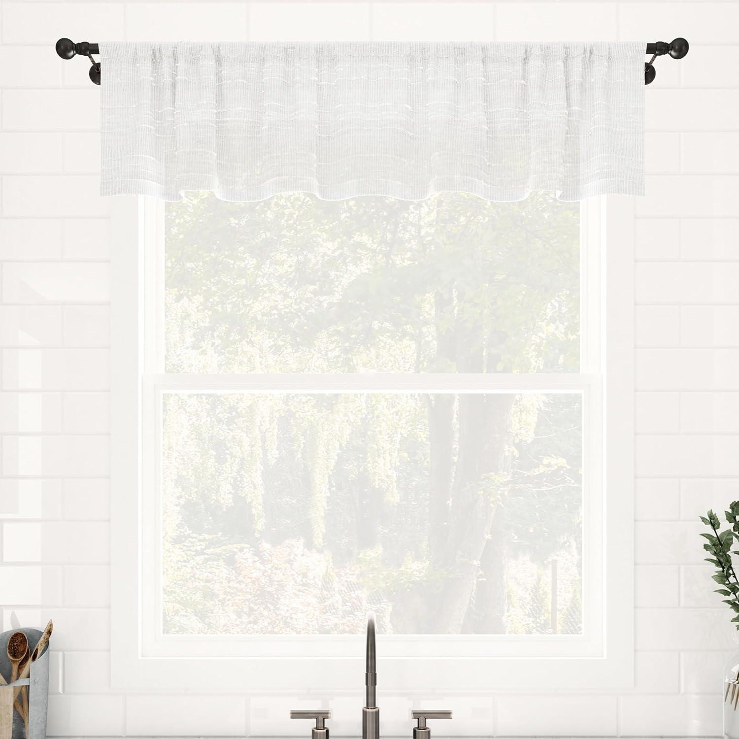 Clean Window Aya Textured Slub Stripe Linen Blend Sheer Rod Pocket Kitchen Curtain Valance