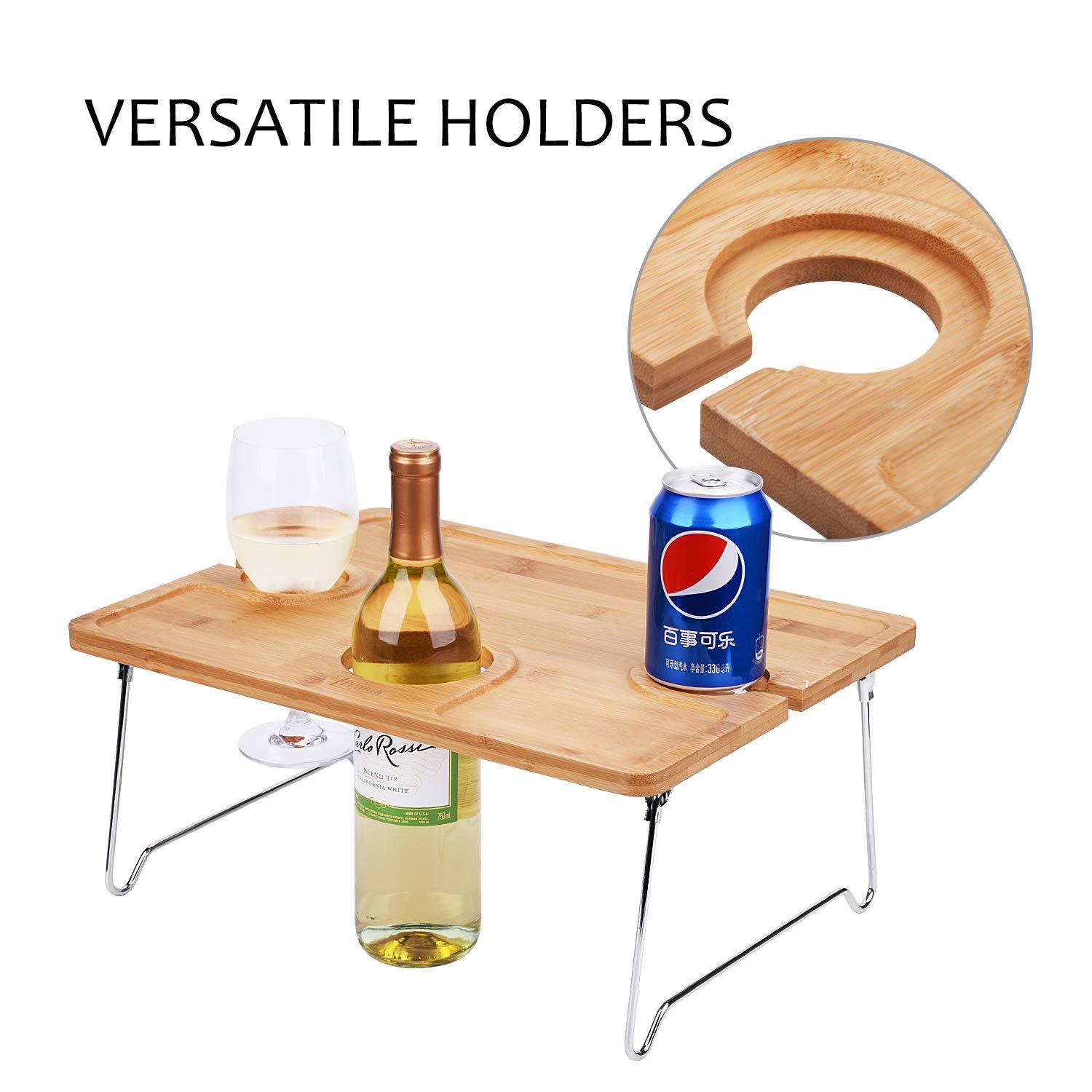 Tirrinia Bamboo Wine Picnic Table, Ideal Wine Lover Gift, Large Folding Portable Outdoor Snack & Cheese Tray for Concerts at Park, Beach