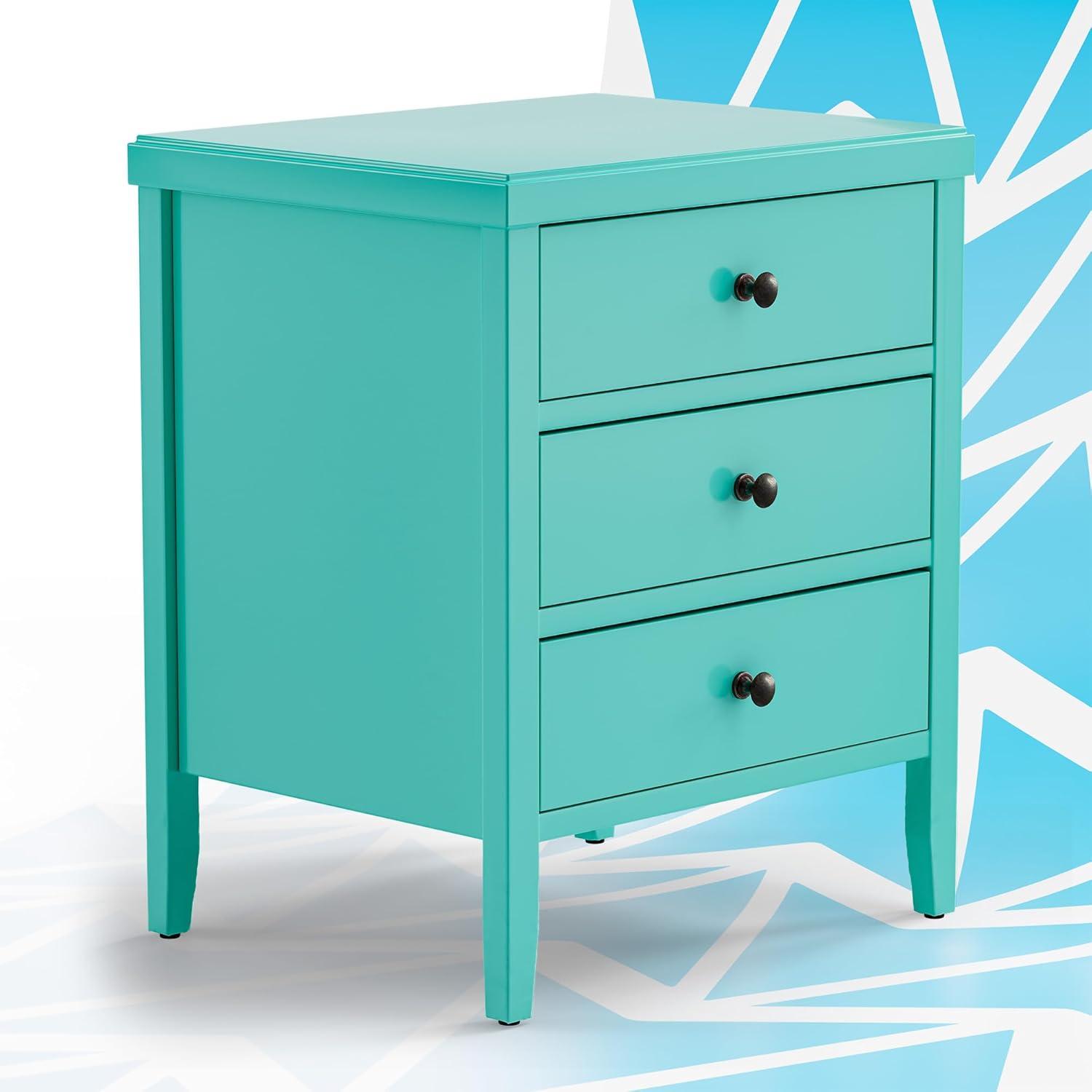 ClickDecor Finley Wood Nightstand End Table with 3 Drawers, Turquoise