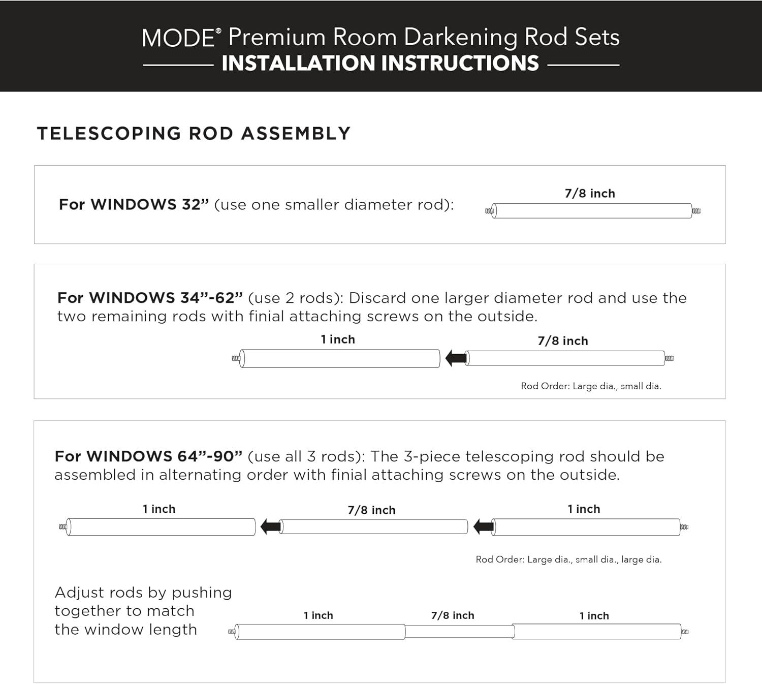 Mode Room Darkening Collection 1 in Diameter Blackout Curtain Rod Set with Steel Wall Mounted Adjustable Rod, Blocks Light, Fits 32 in To 90 in Windows