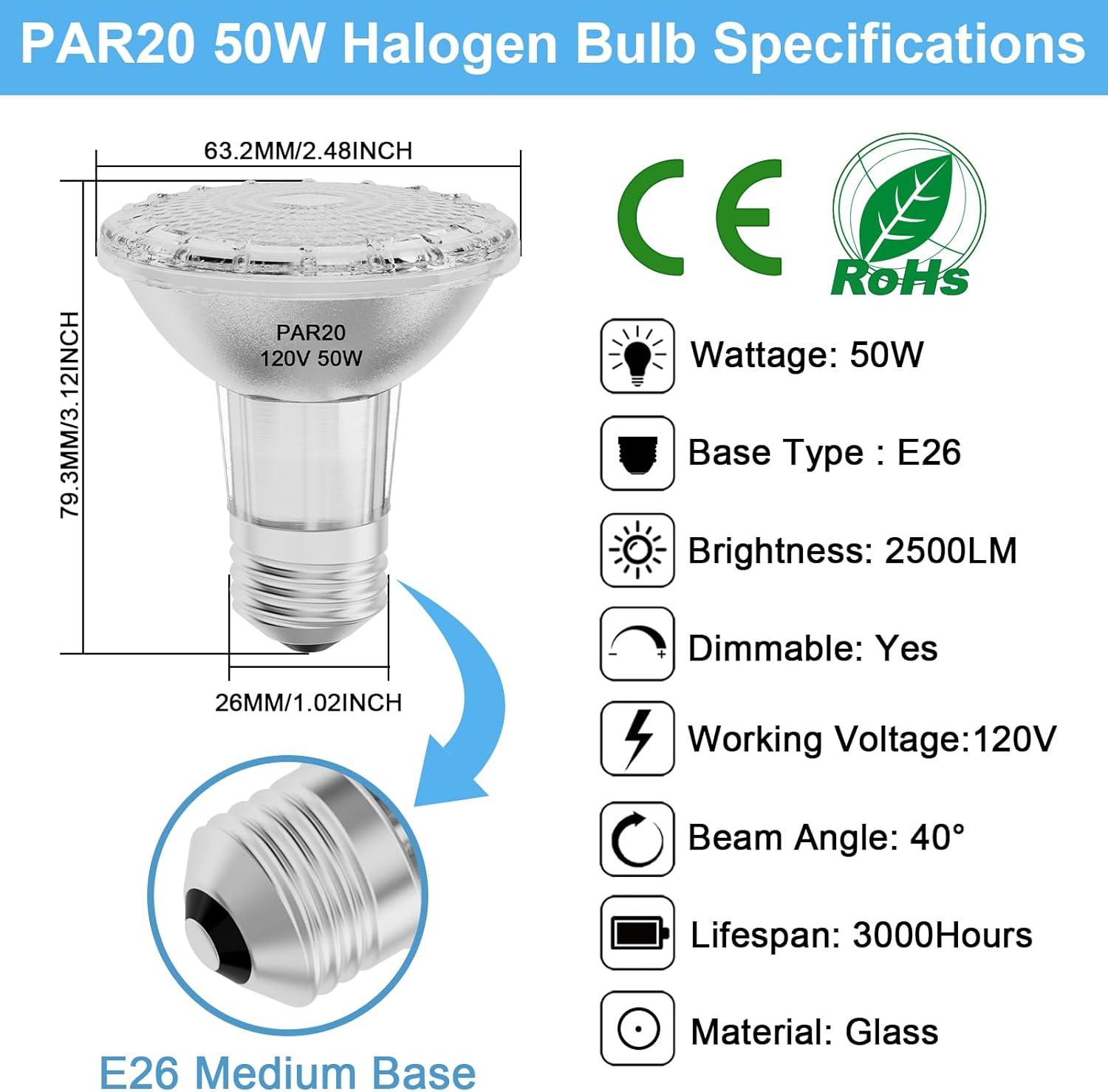 6PCS Par20 Halogen 50W 120V Dimmable, Long Lifespan E26 Par20 Light Bulb with 3000K Warm White for Indoor/Outdoor