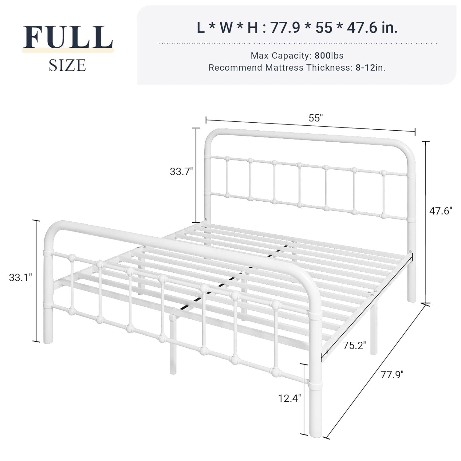 Allewie Full Size Metal Platform Bed Frame with Victorian Style Wrought Iron-Art Headboard/Footboard, White