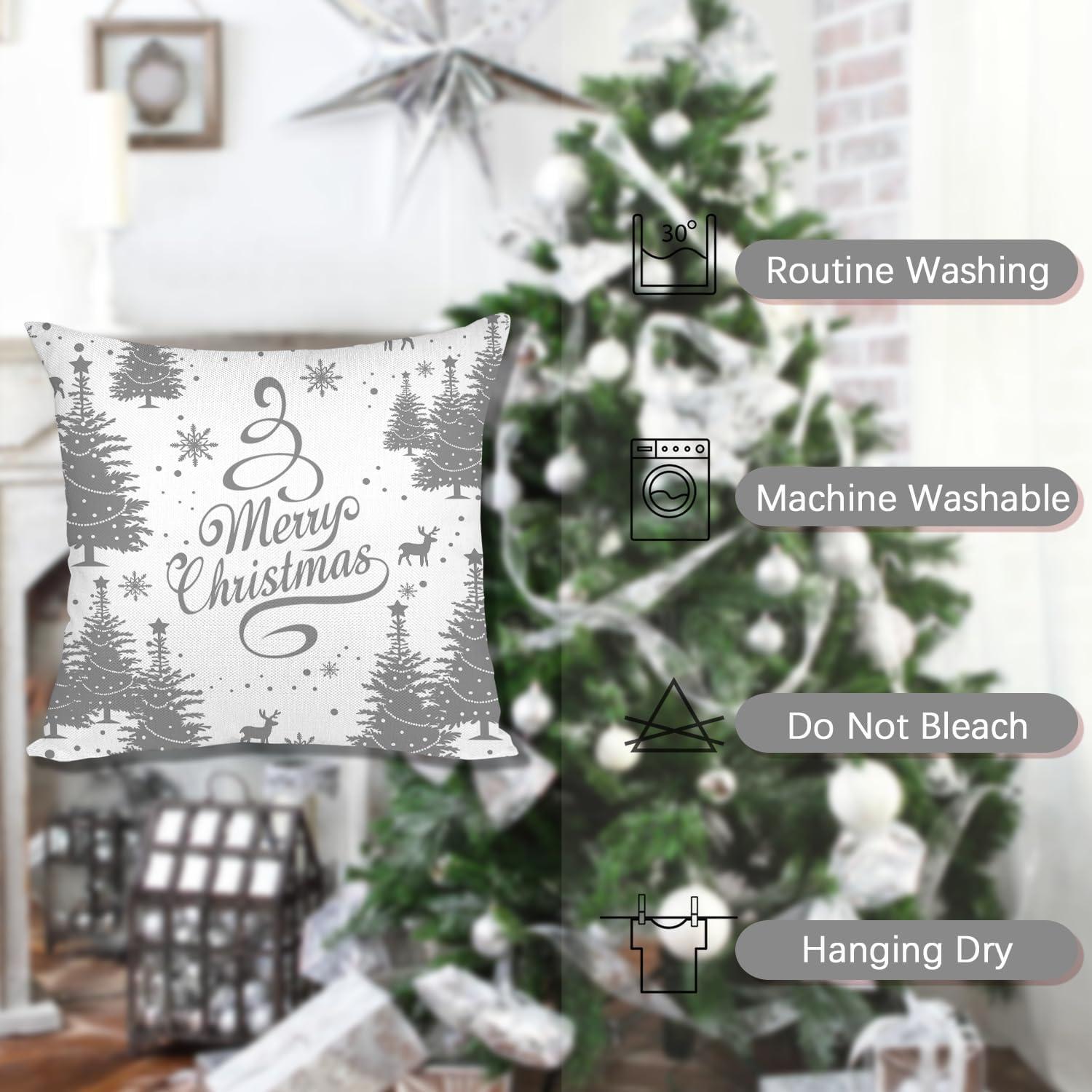 Gray and White Polyester Euro Christmas Pillow Covers Set of 4