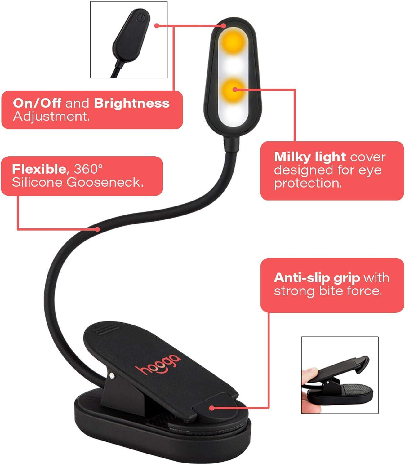 Book Light, Blue Light Blocking, Amber Clip-On Reading Light by Hooga. 1600K Warm LEDs for Reading in Bed. Sleep Aid Light. Rechargeable 1200mAh Battery. Adjustable Brightness. Works with Kindles