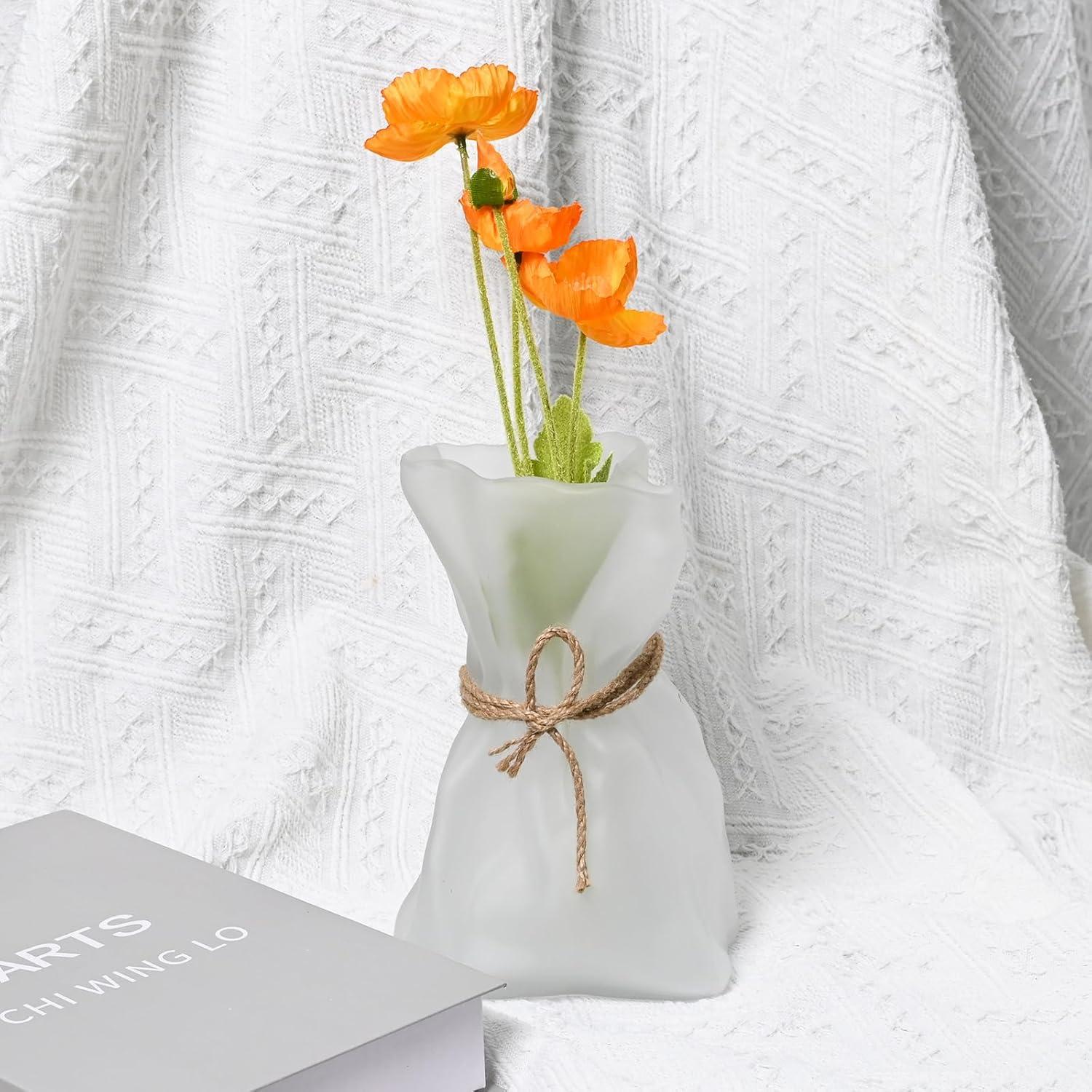 Frosted White Glass Bouquet Vase with Jute Rope