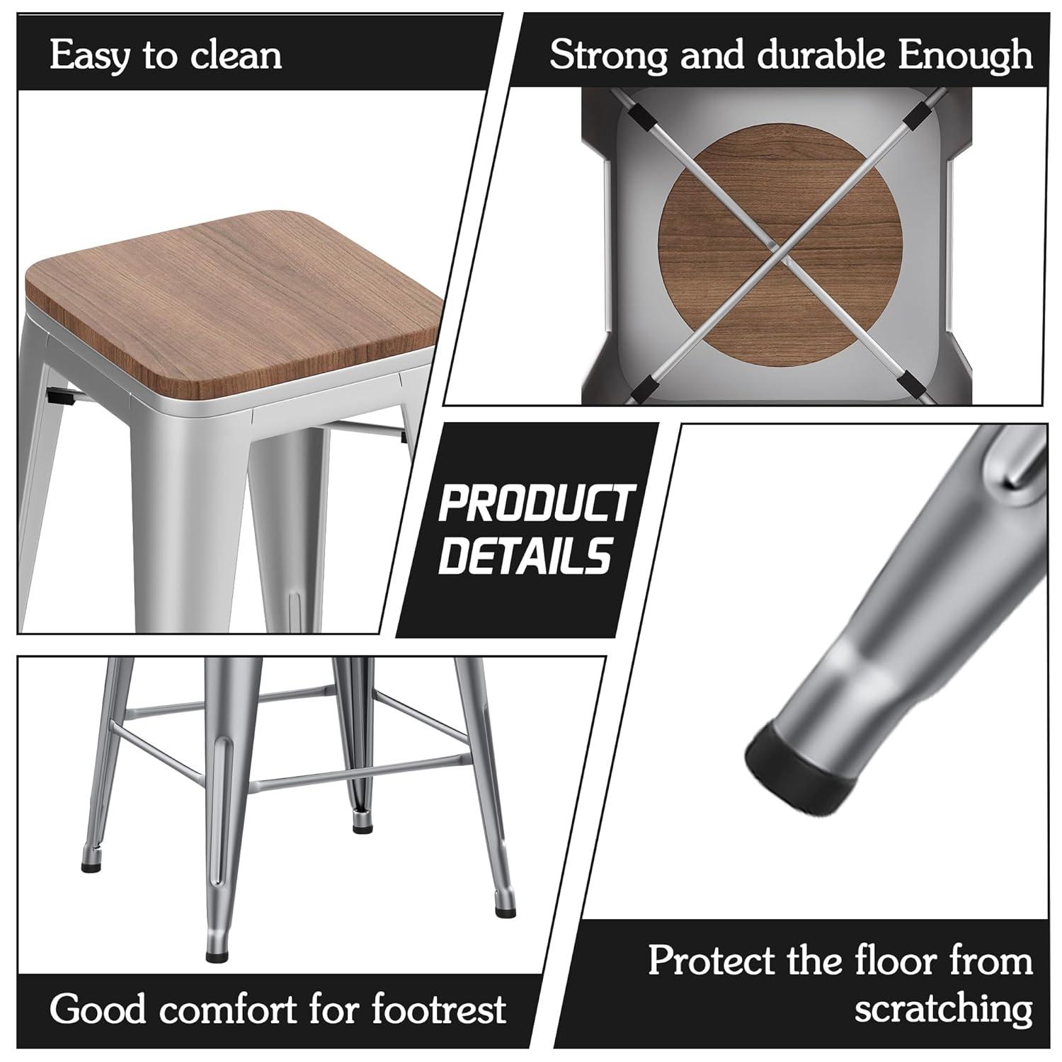 Drevy 26" Metal Counter Height Bar Stools Set of 4 Industrial Backless Kitchen Patio Counter Stool Stackable Barstools Wood Top-Silver