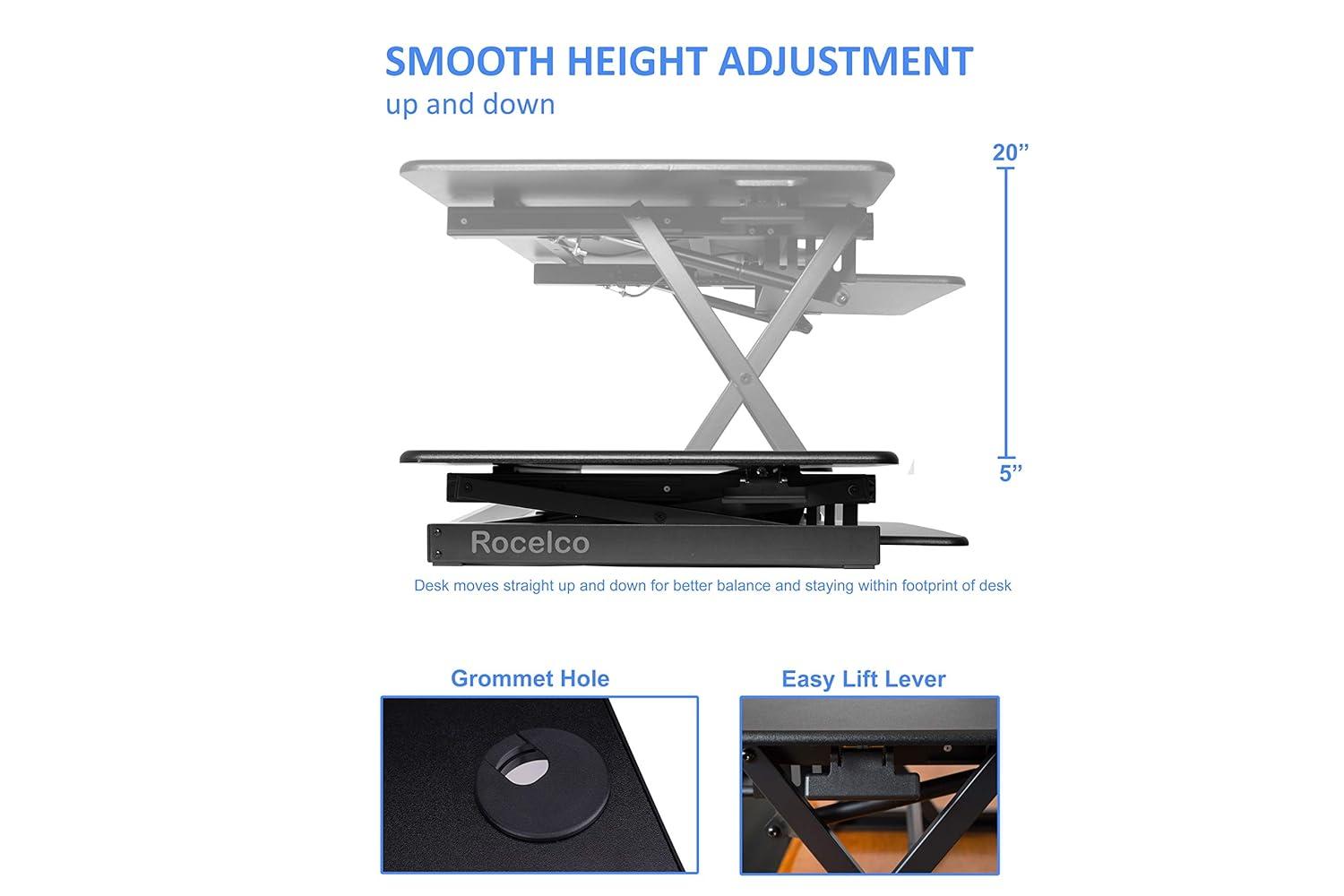 Rocelco 46" Height Adjustable Sit To Standing Desk Riser Black : Extra Large, Ergonomic Keyboard Tray, No Assembly Required