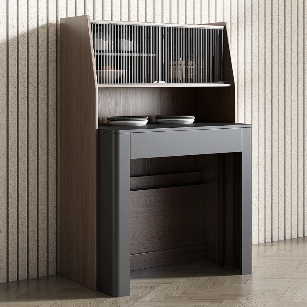 Modern Extendable Dining Table with Storage, Farmhouse Kitchen Table Rectangle Sideboard Glass Door (Walnut & Gray)