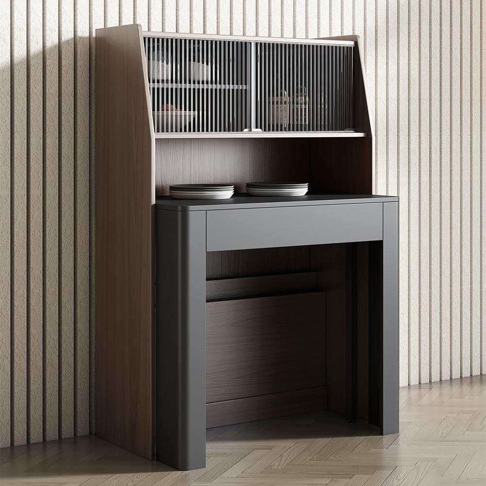 Modern Extendable Dining Table with Storage, Farmhouse Kitchen Table Rectangle Sideboard Glass Door (Walnut & Gray)