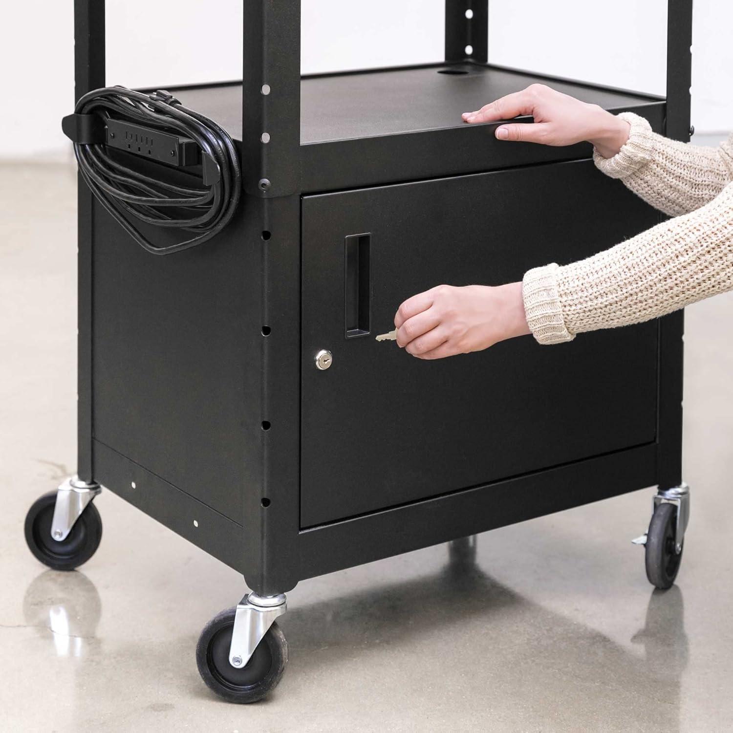 Black Adjustable Metal Utility Cart with Locking Cabinet and Swivel Wheels