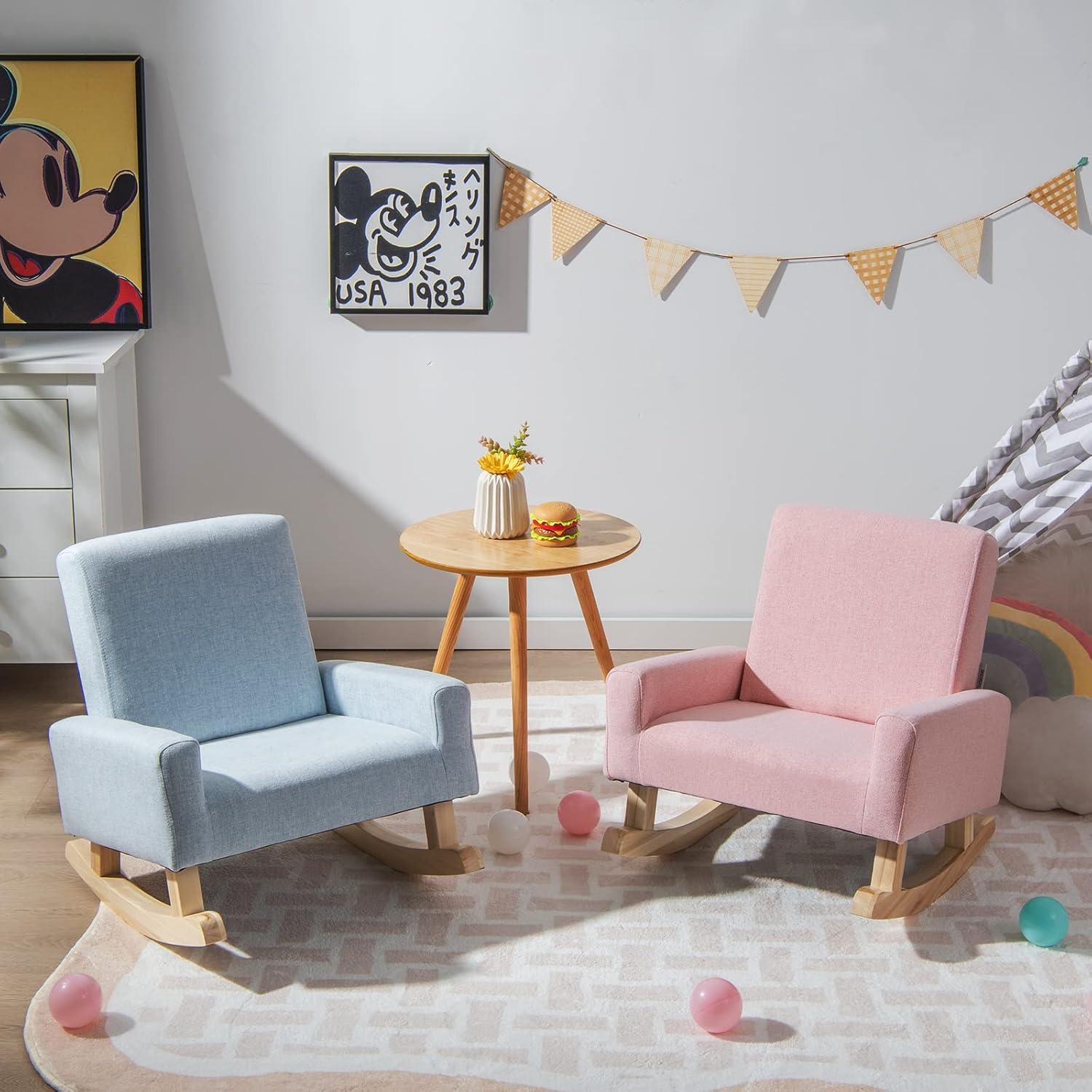 Infans Kids Rocking Chair Children Armchair Linen Upholstered Sofa w/ Solid Wood Legs