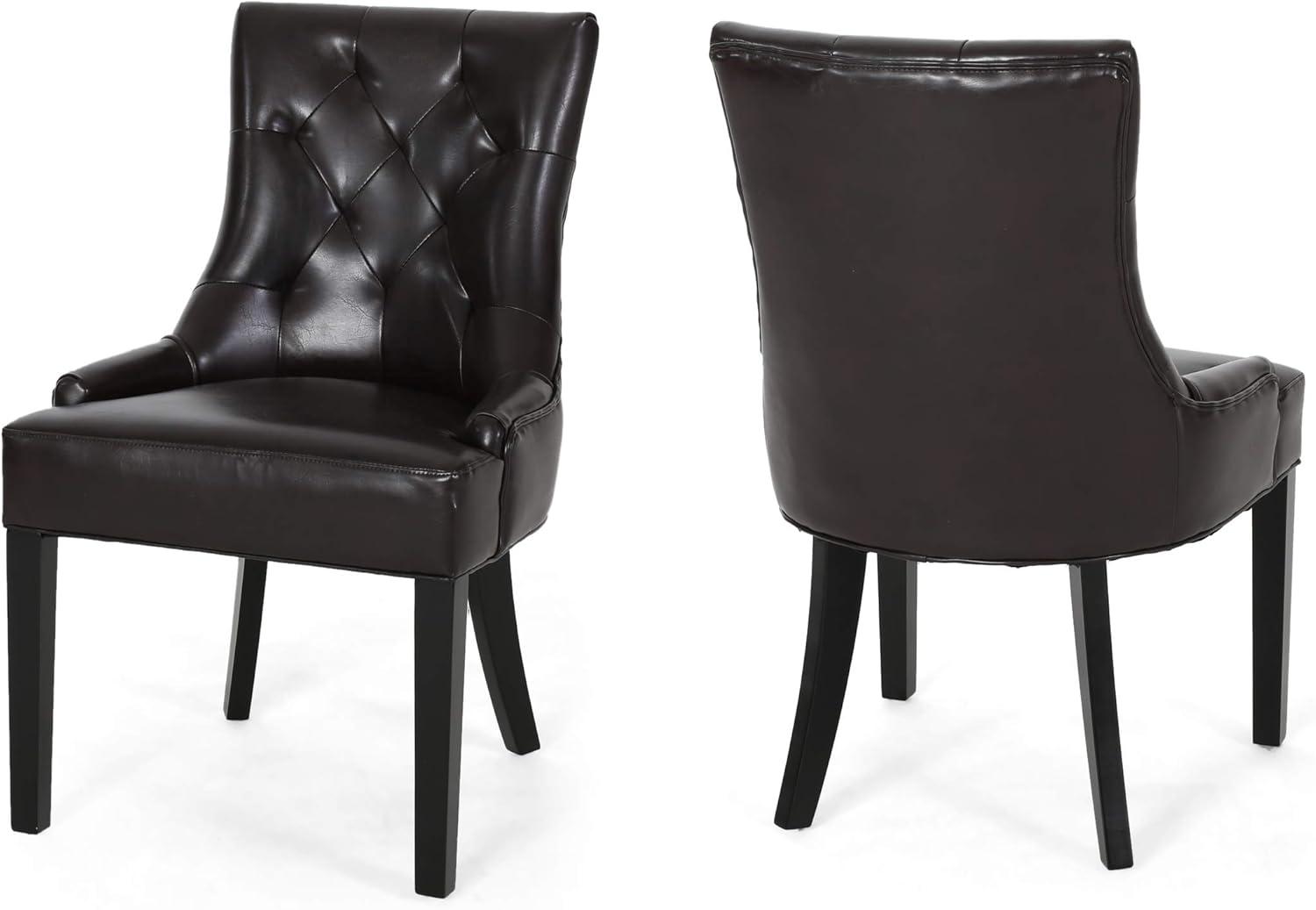 Contemporary Marbled Brown Leather Tufted Dining Chairs, Set of 2