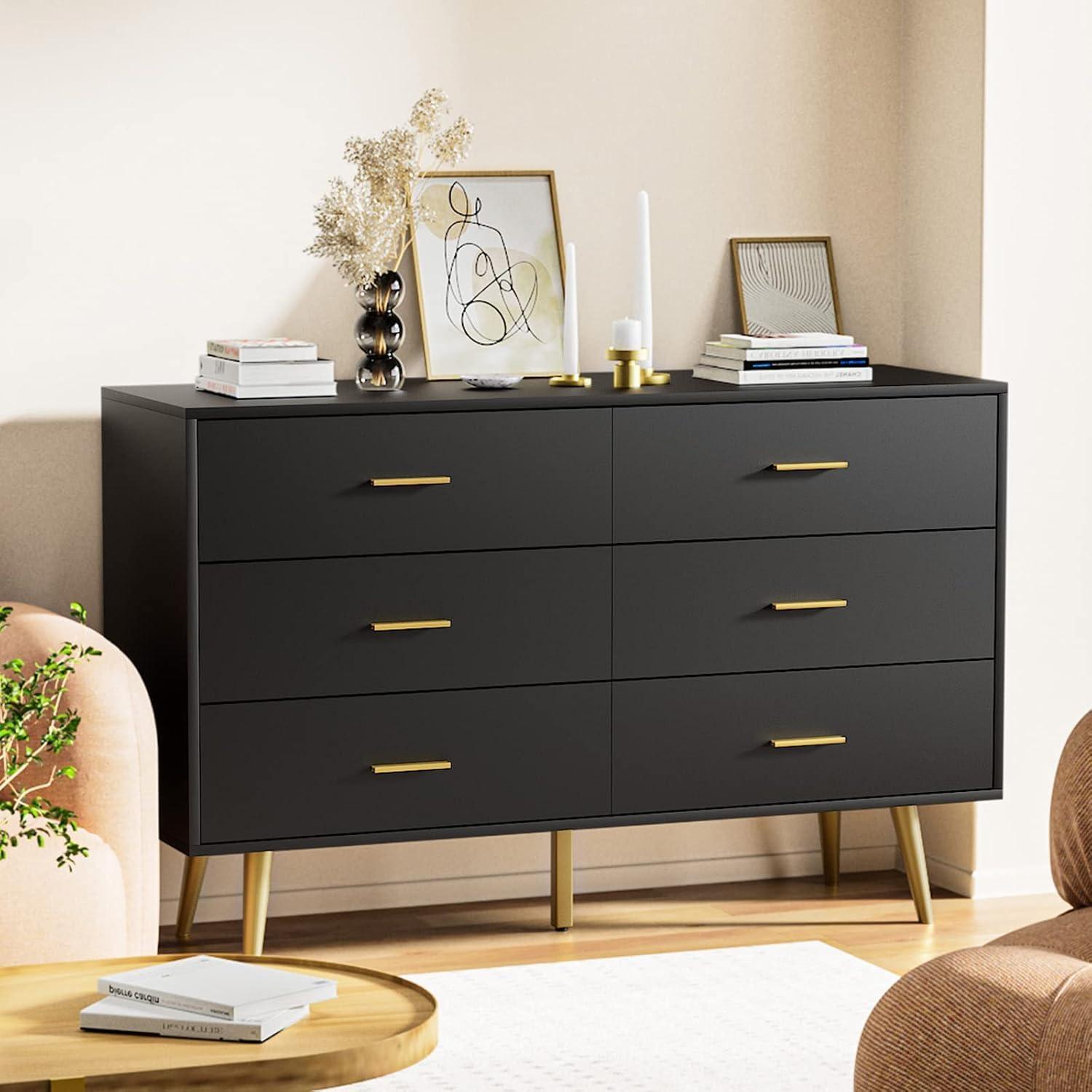 Black Modern 6-Drawer Dresser with Gold Handles