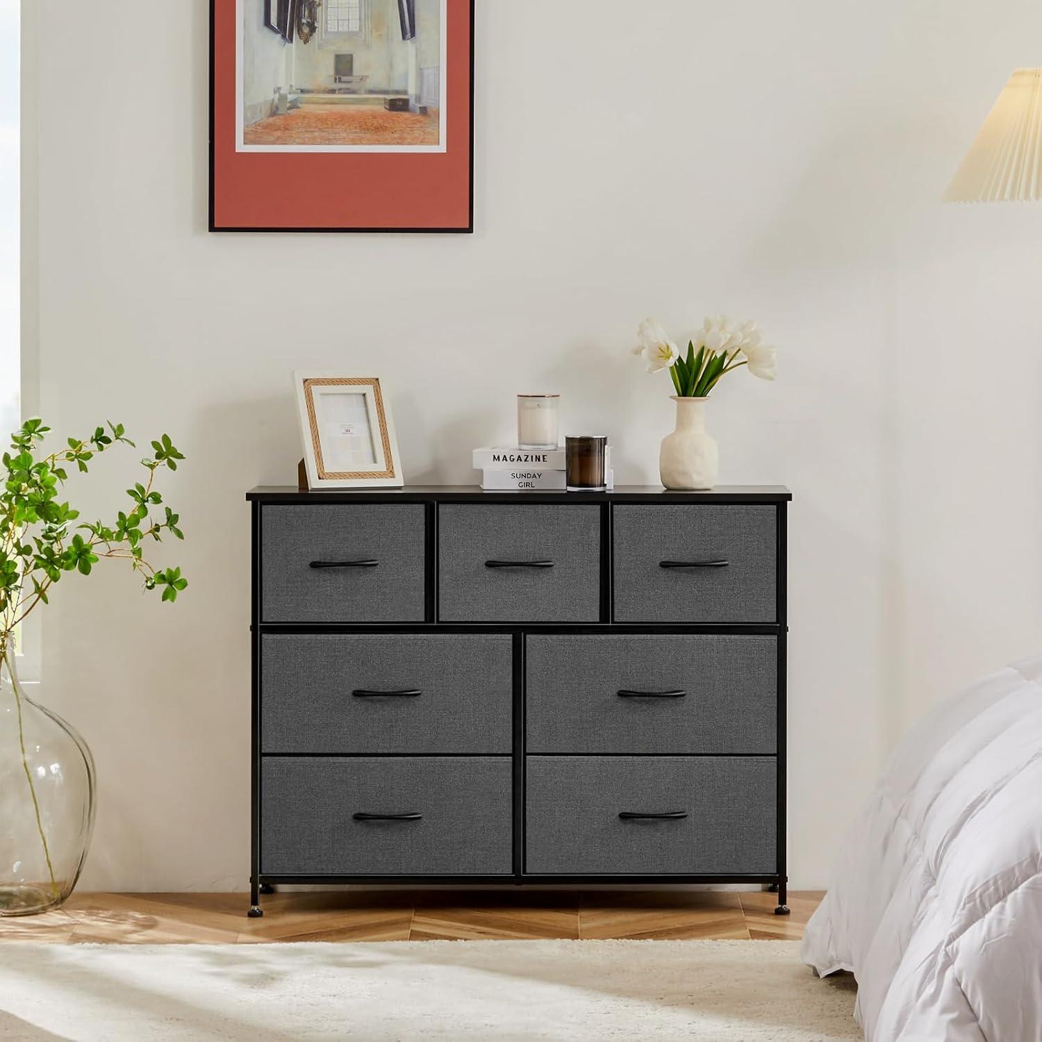 Dresser for Bedroom with 7 Drawers, Storage Organizer Units Furniture, Chest Tower TV Stand with Fabric Bins, Metal Frame, Wooden Top for Nursery, Living Room, Kidsroom, Closet, Grey