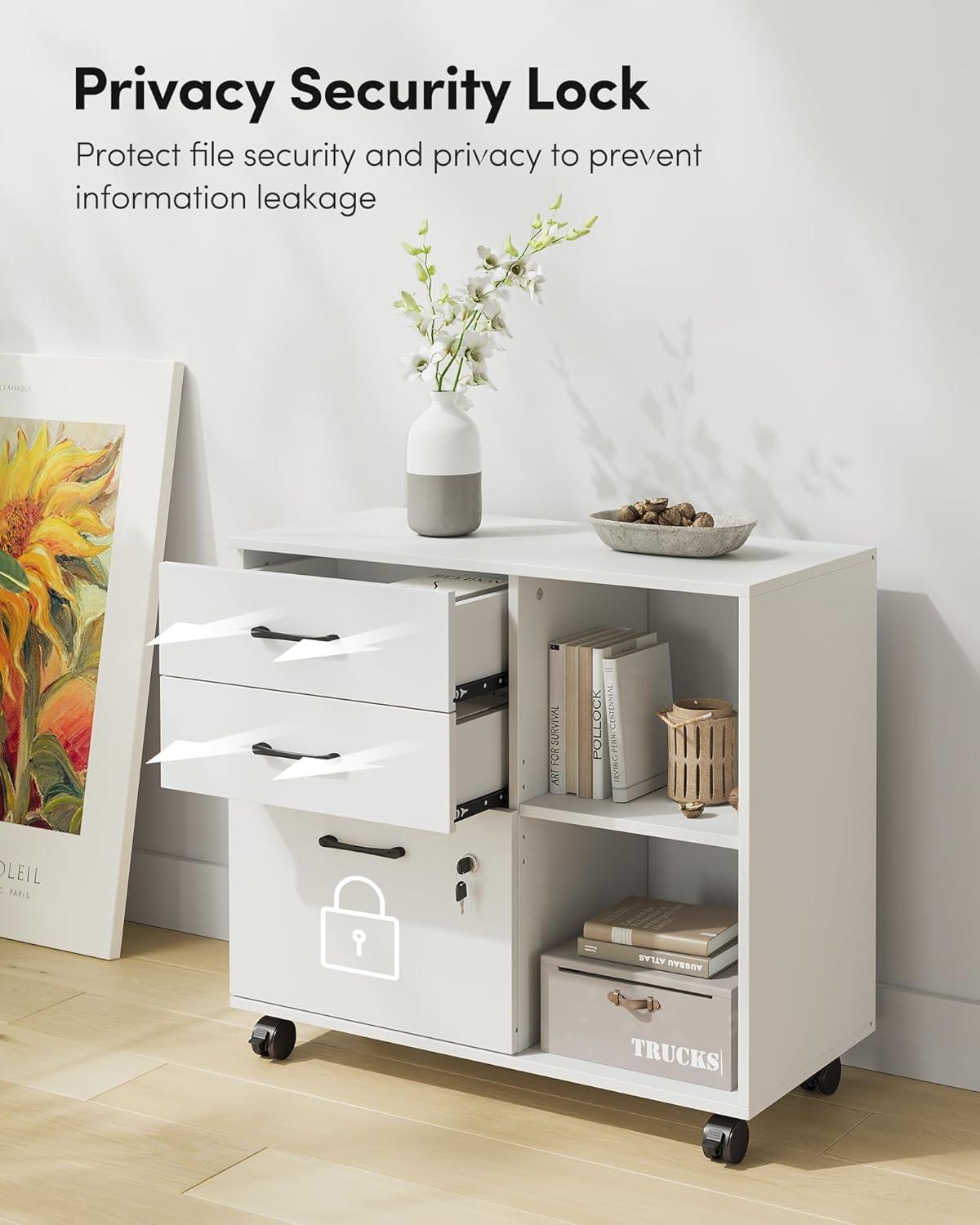 White 3-Drawer Wood File Cabinet with Lock and Open Storage