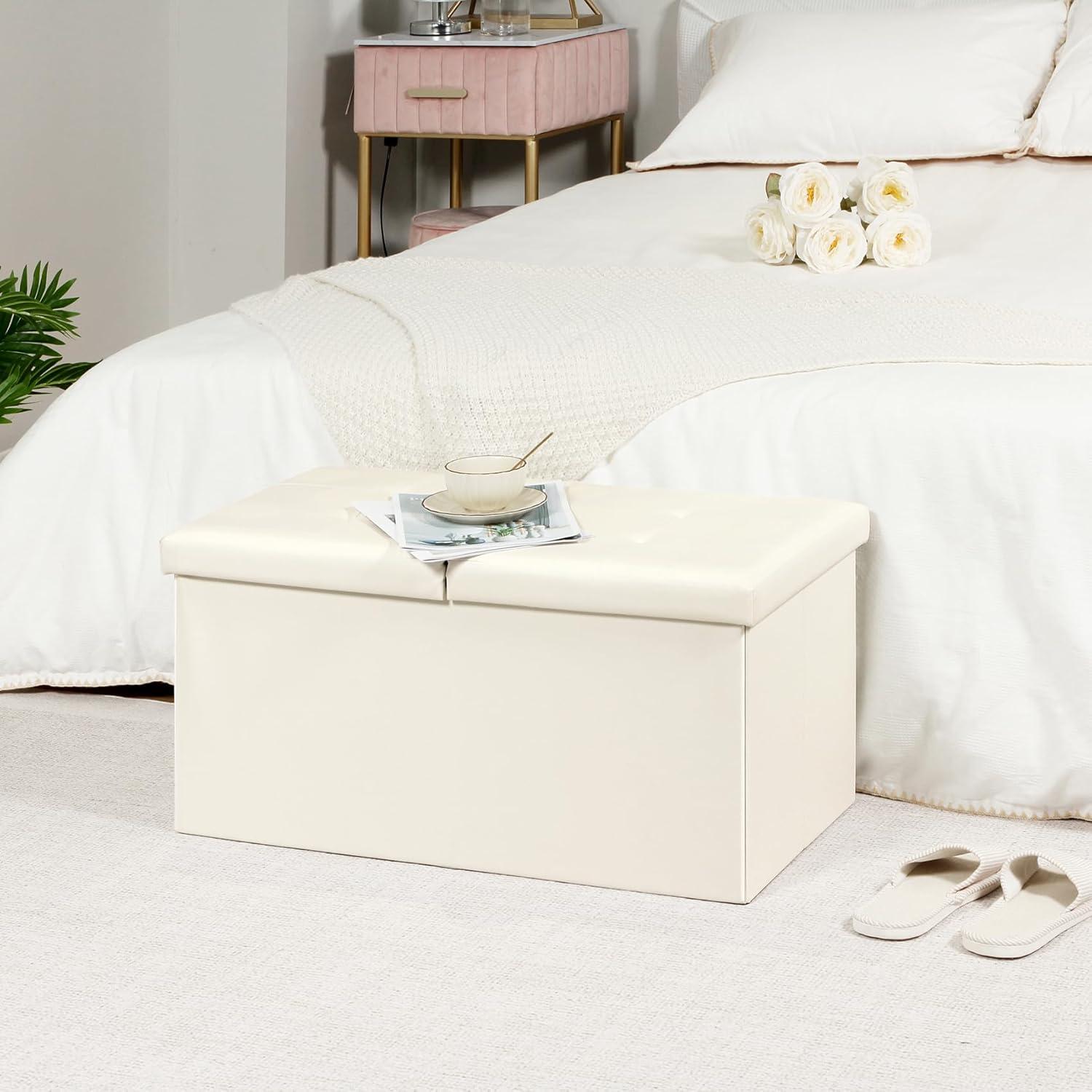 SONGMICS 30 Inches Folding Storage Ottoman Bench with Flipping Lid White