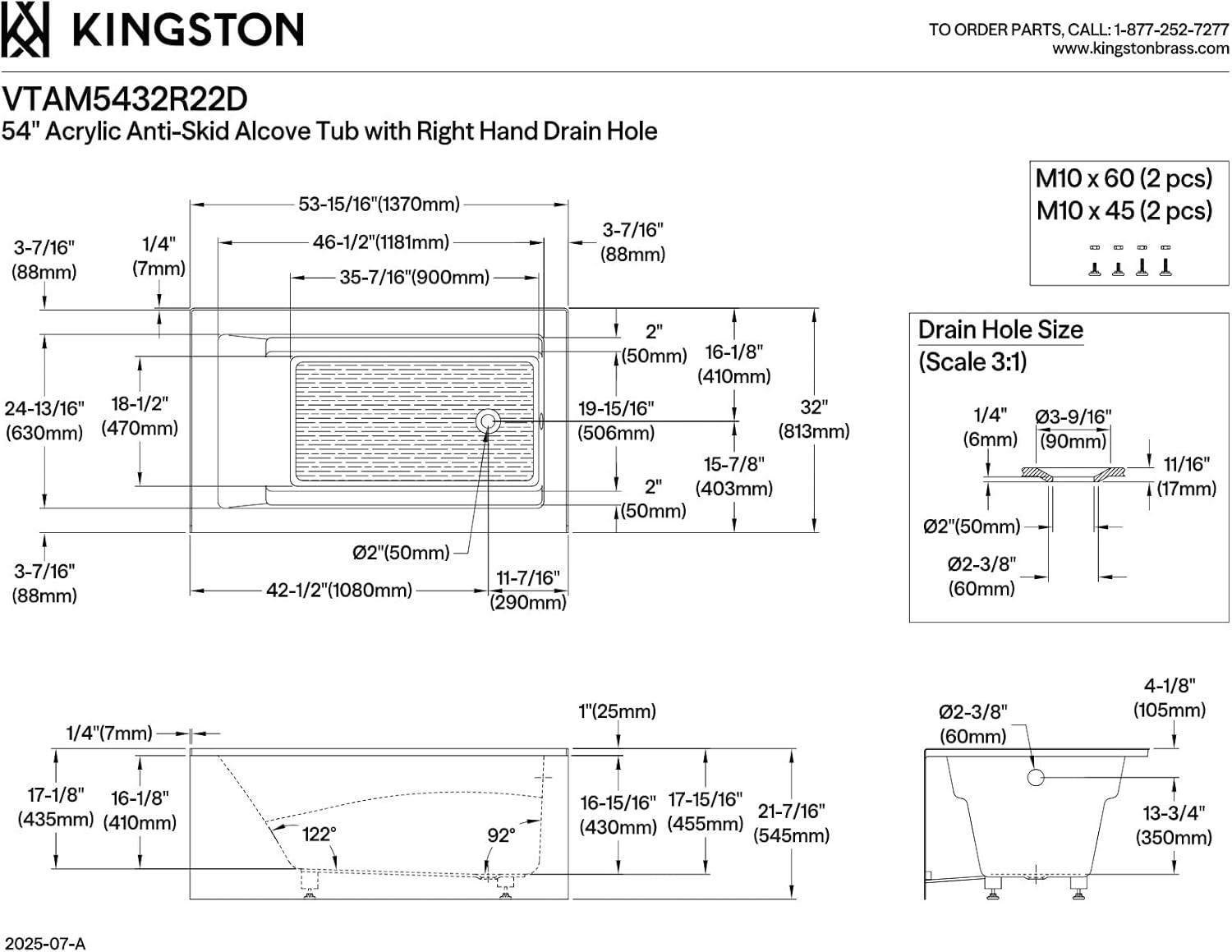 Kingston Brass Aqua Eden 54-Inch Acrylic Rectangular 3-Wall Alcove Tub, Hand Drain and Anti-Skid Surface