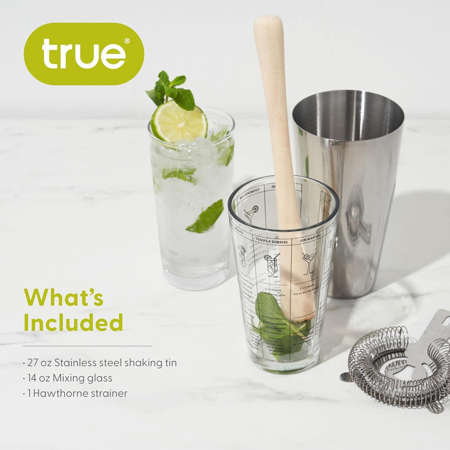 True 3-Piece Barware Set with 7 Cocktail Recipes and Measurements Printed on Mixing Glass, Glass and Stainless Steel, Multicolor