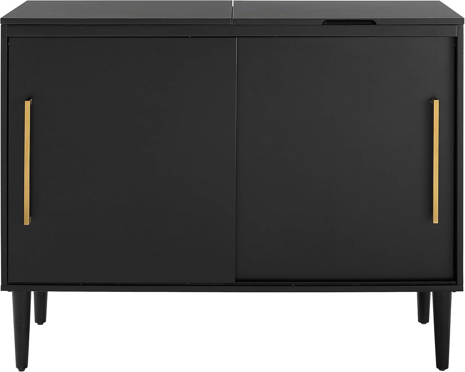 Everett Media Console Matte Black - Crosley: Hinged Lid, Hardwood, Wire Dividers