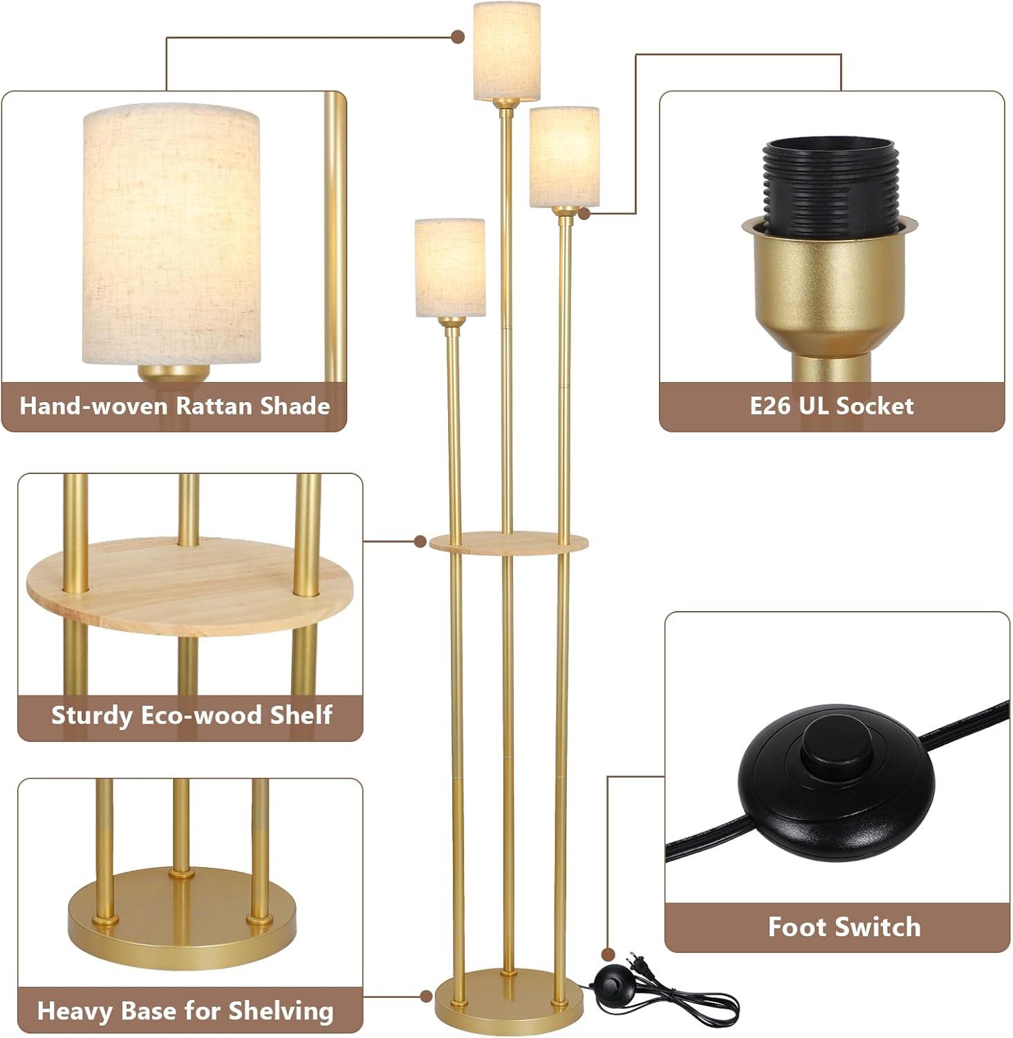 Floor Lamps for Living Room, 3-Lights Modern Floor Lamp with Shelves, Gold Standing Lamp with Fabric Shade and Foot Switch, Shelf Standing Lamps with Table, Tall Table Lamps for Bedroom Office