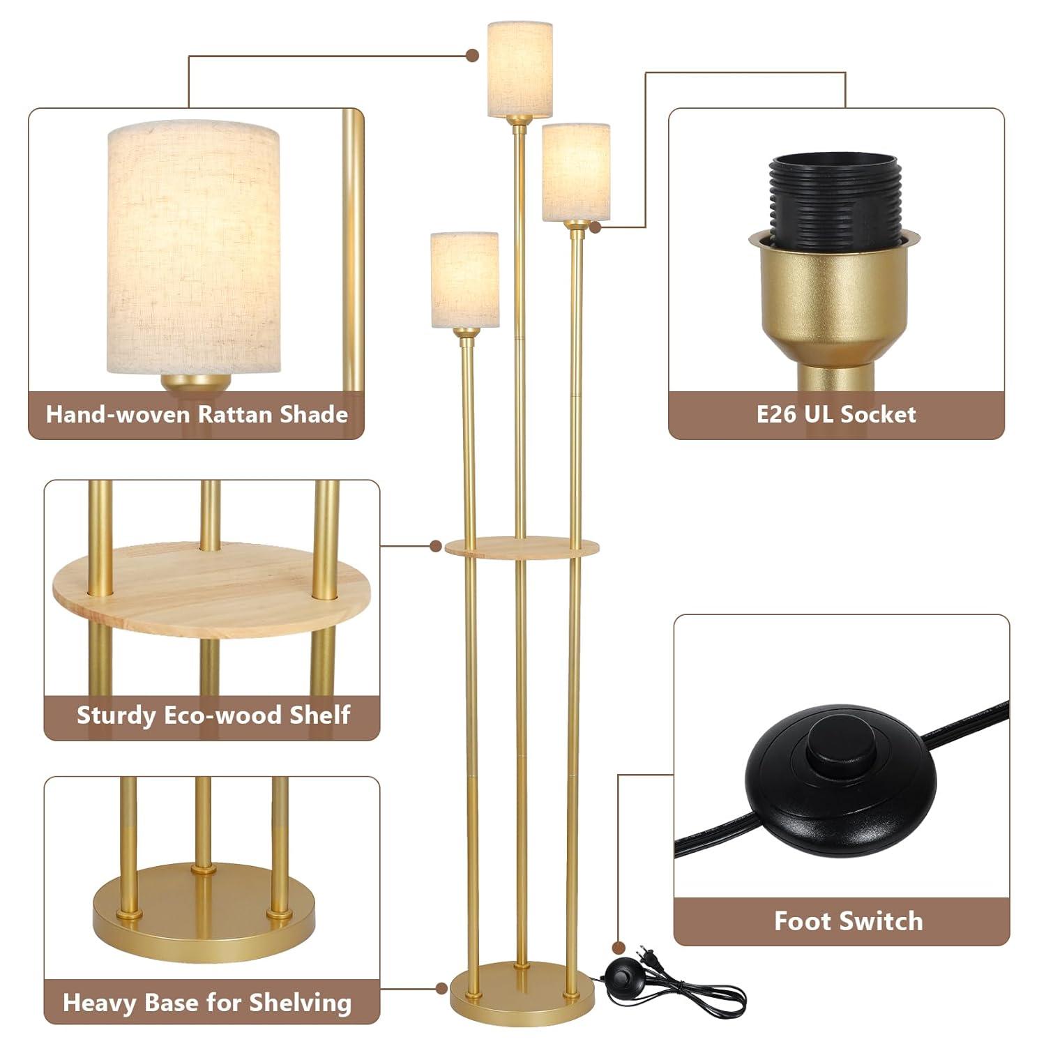 Floor Lamps for Living Room, 3-Lights Modern Floor Lamp with Shelves, Gold Standing Lamp with Fabric Shade and Foot Switch, Shelf Standing Lamps with Table, Tall Table Lamps for Bedroom Office