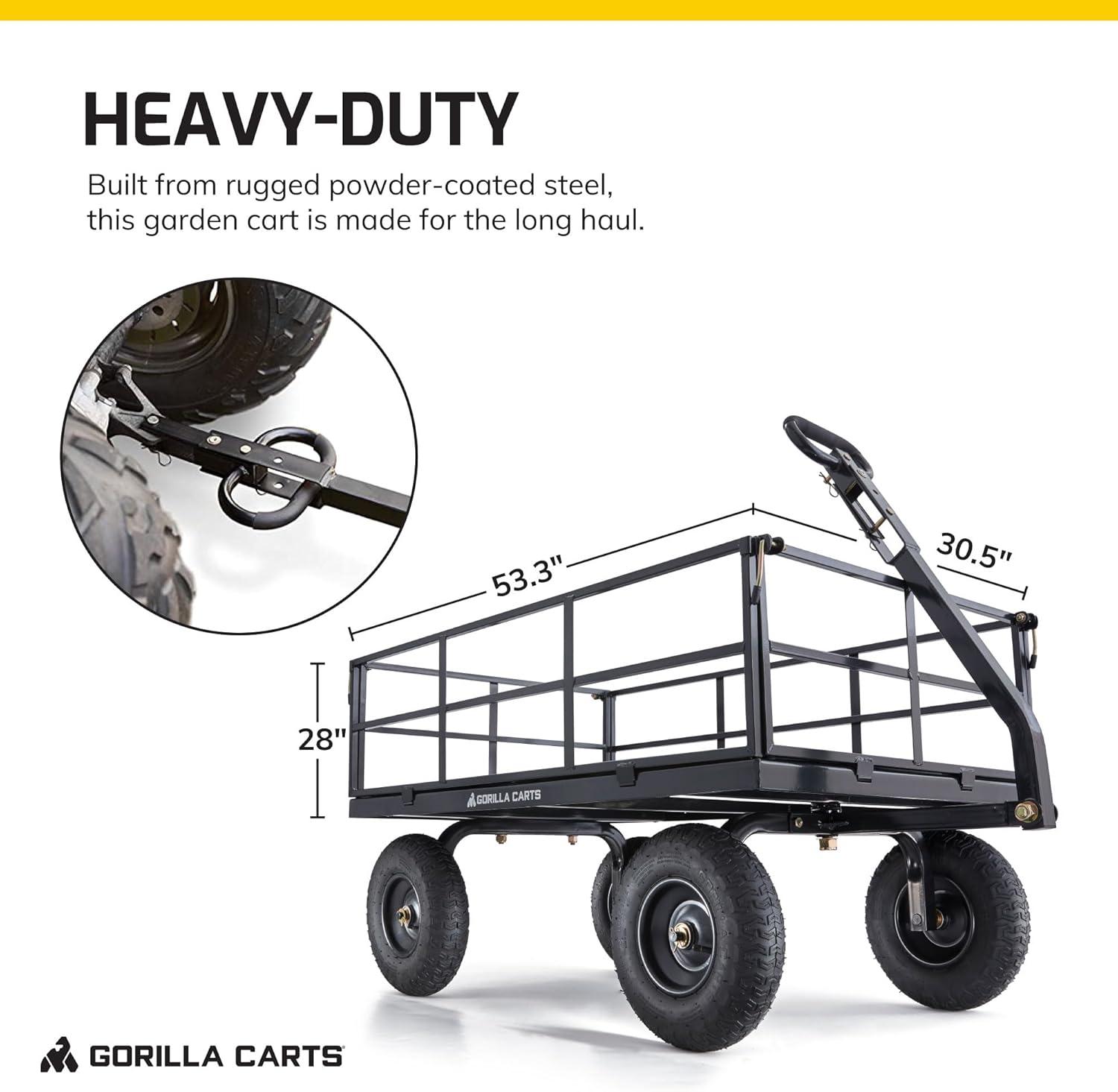 Gorilla Carts GOR1400-Com 1400-lb. Heavy-Duty Steel Utility Cart, 15" Tires, 52" x 34" Steel Bed