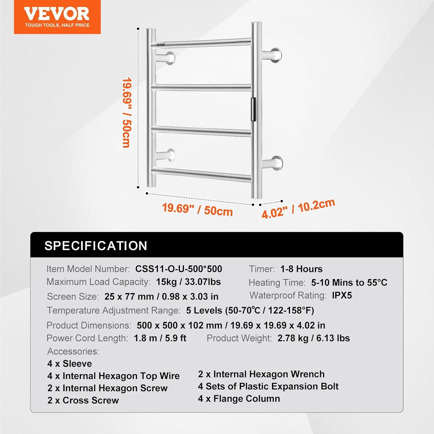 Stainless Steel Wall Mounted Heated Towel Rack with Timer