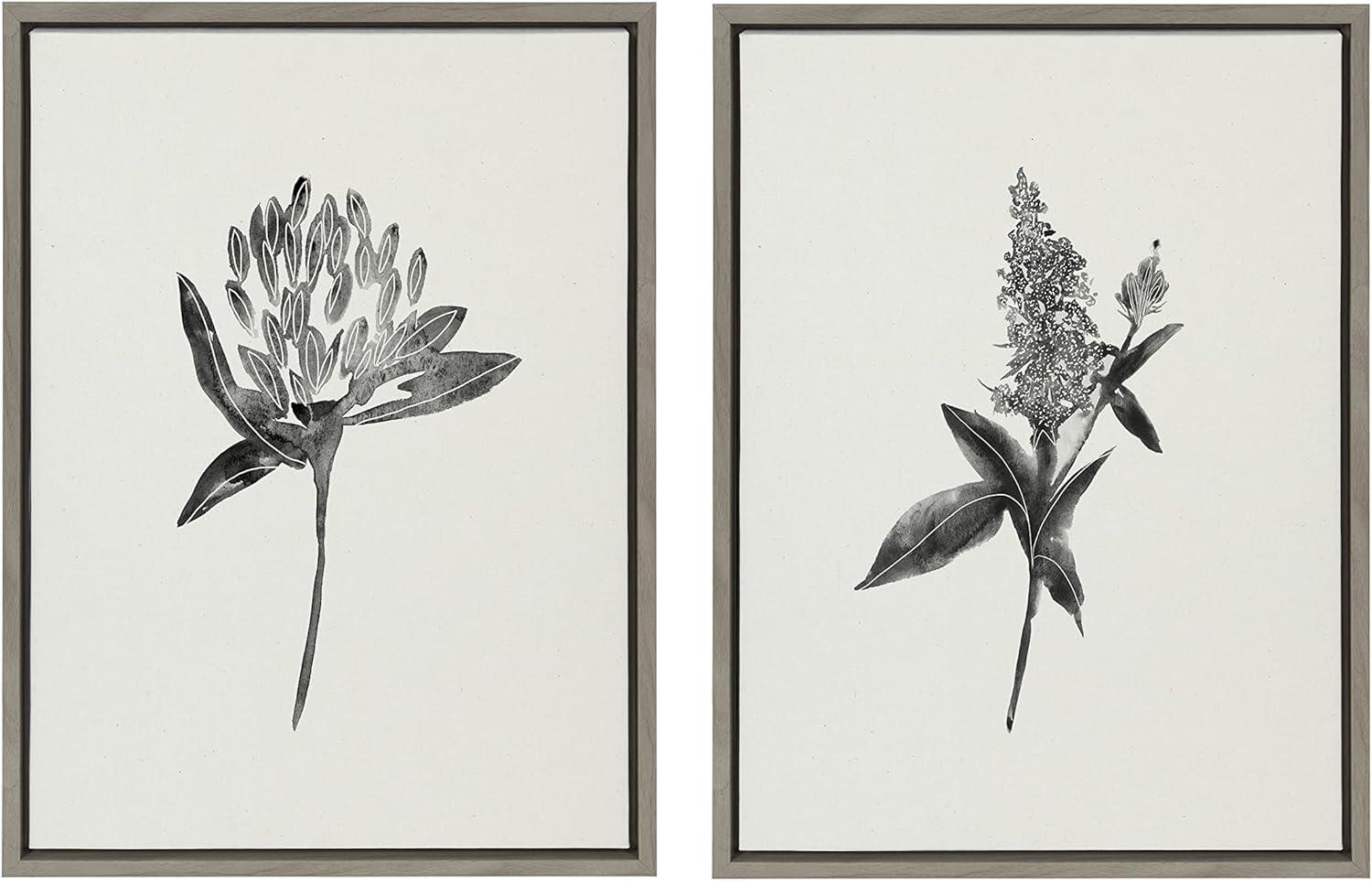 Set of 2 Gray Botanical Print on Canvas with Polystyrene Frame